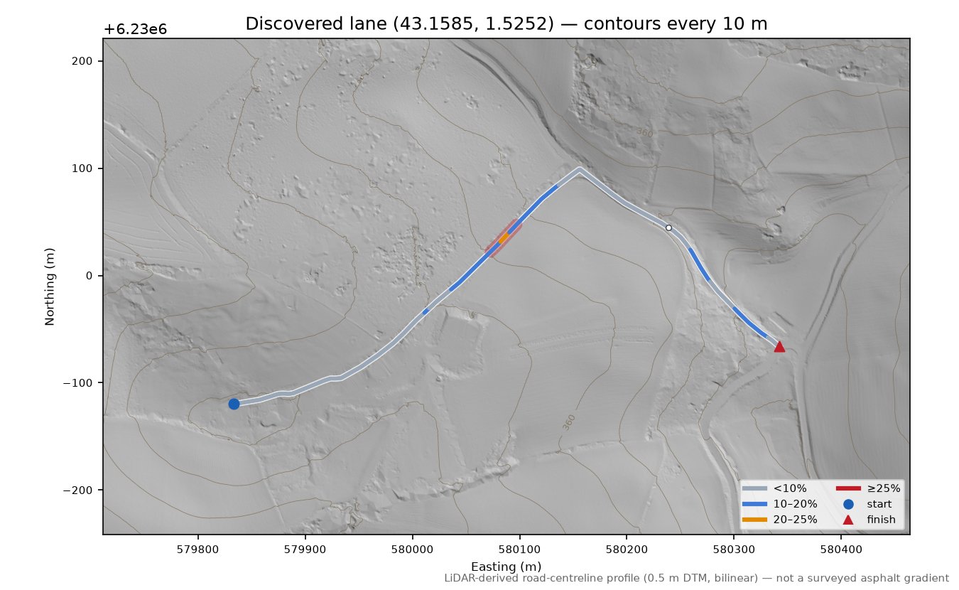 Discovered lane (43.1585, 1.5252) LiDAR hillshade map with contours