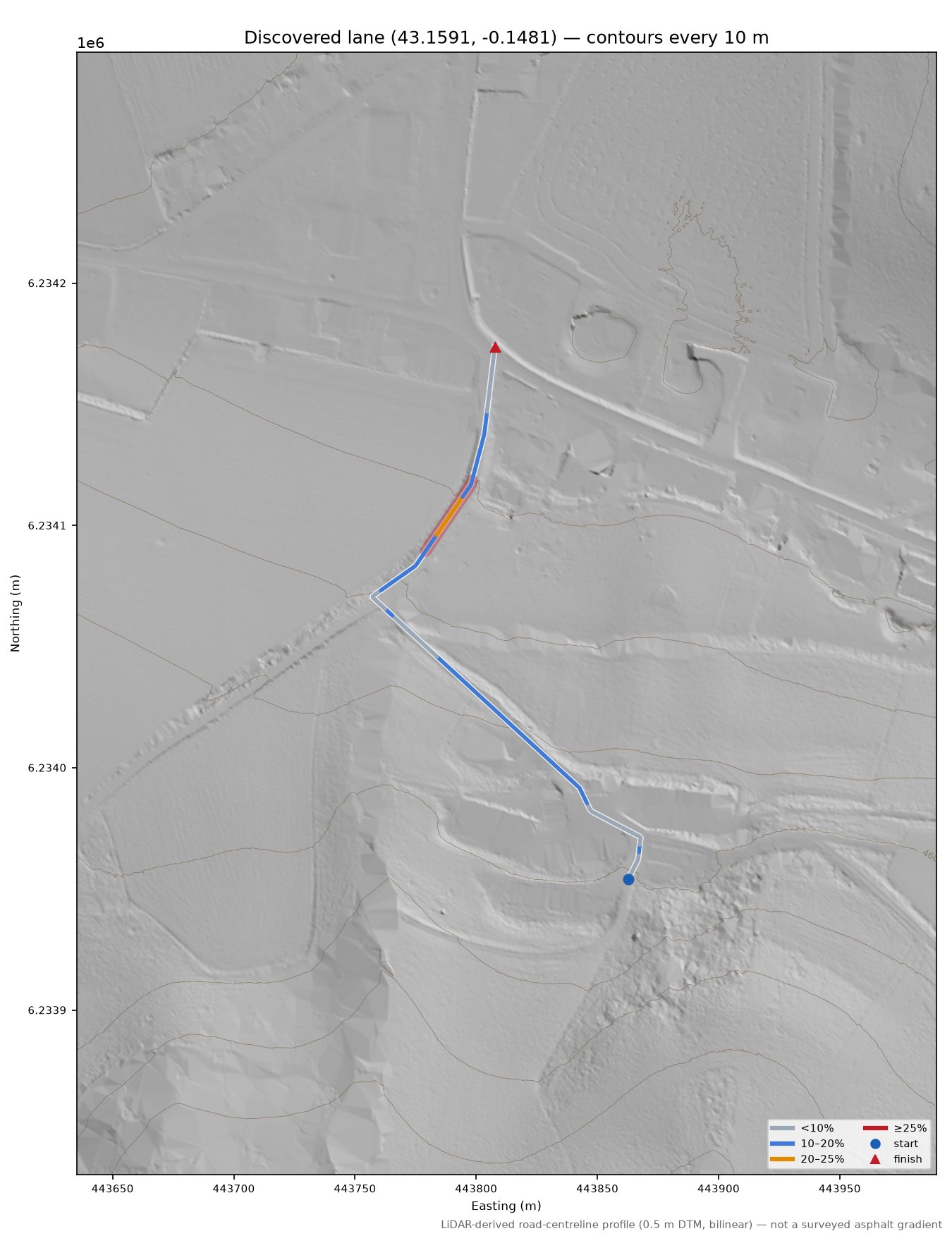Discovered lane (43.1591, -0.1481) LiDAR hillshade map with contours