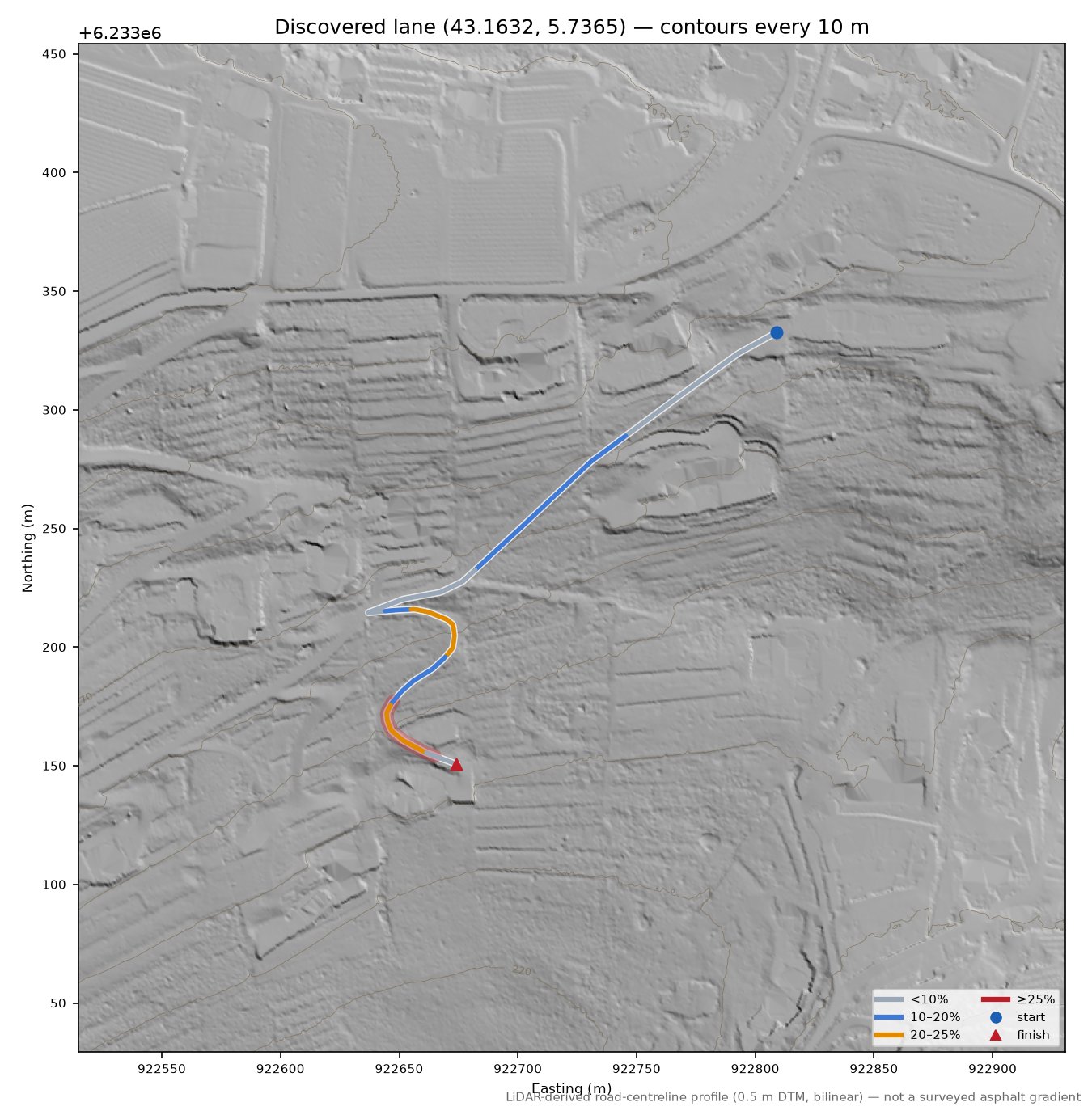 Discovered lane (43.1632, 5.7365) LiDAR hillshade map with contours