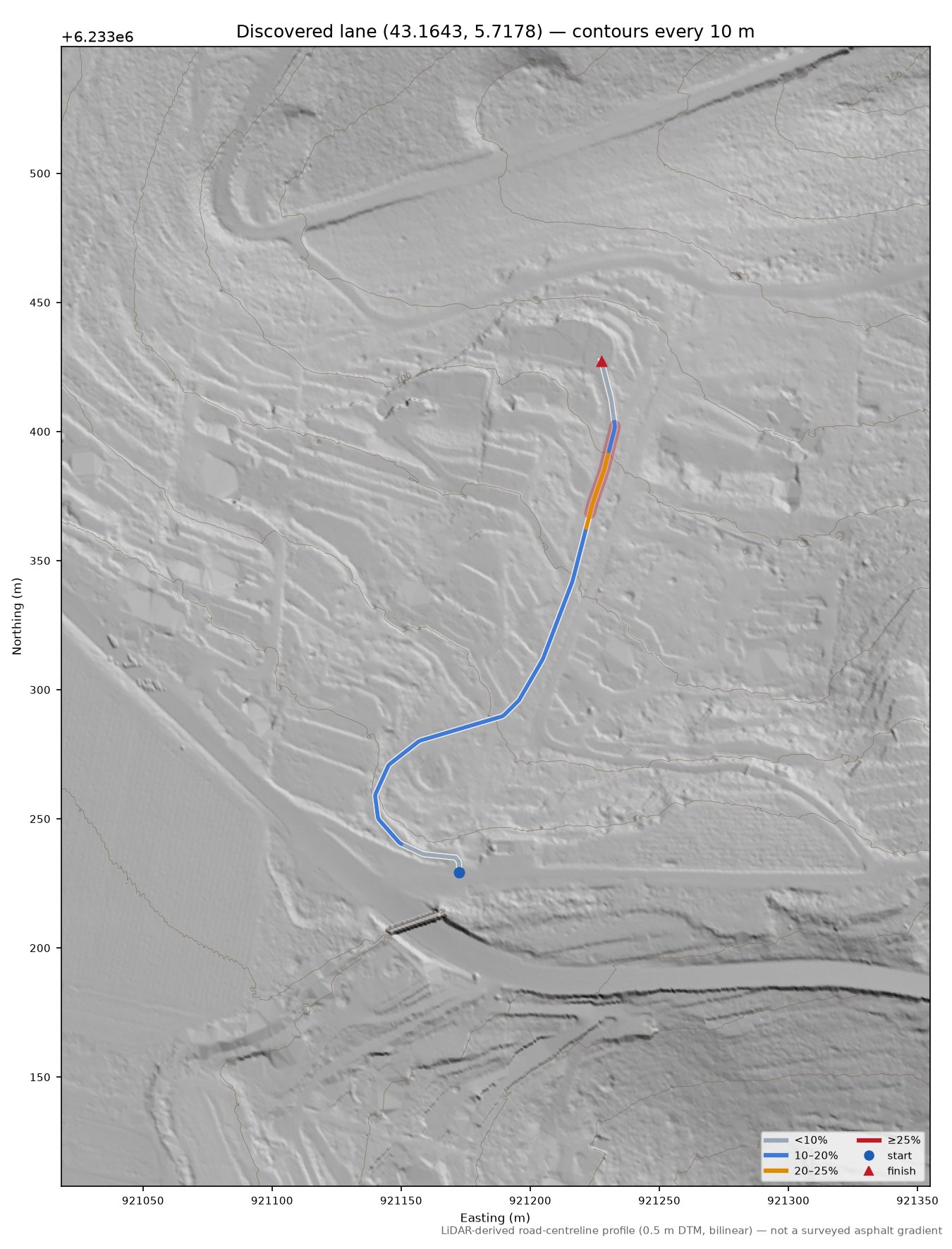 Discovered lane (43.1643, 5.7178) LiDAR hillshade map with contours