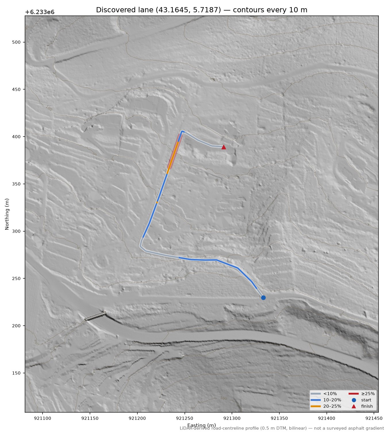 Discovered lane (43.1645, 5.7187) LiDAR hillshade map with contours