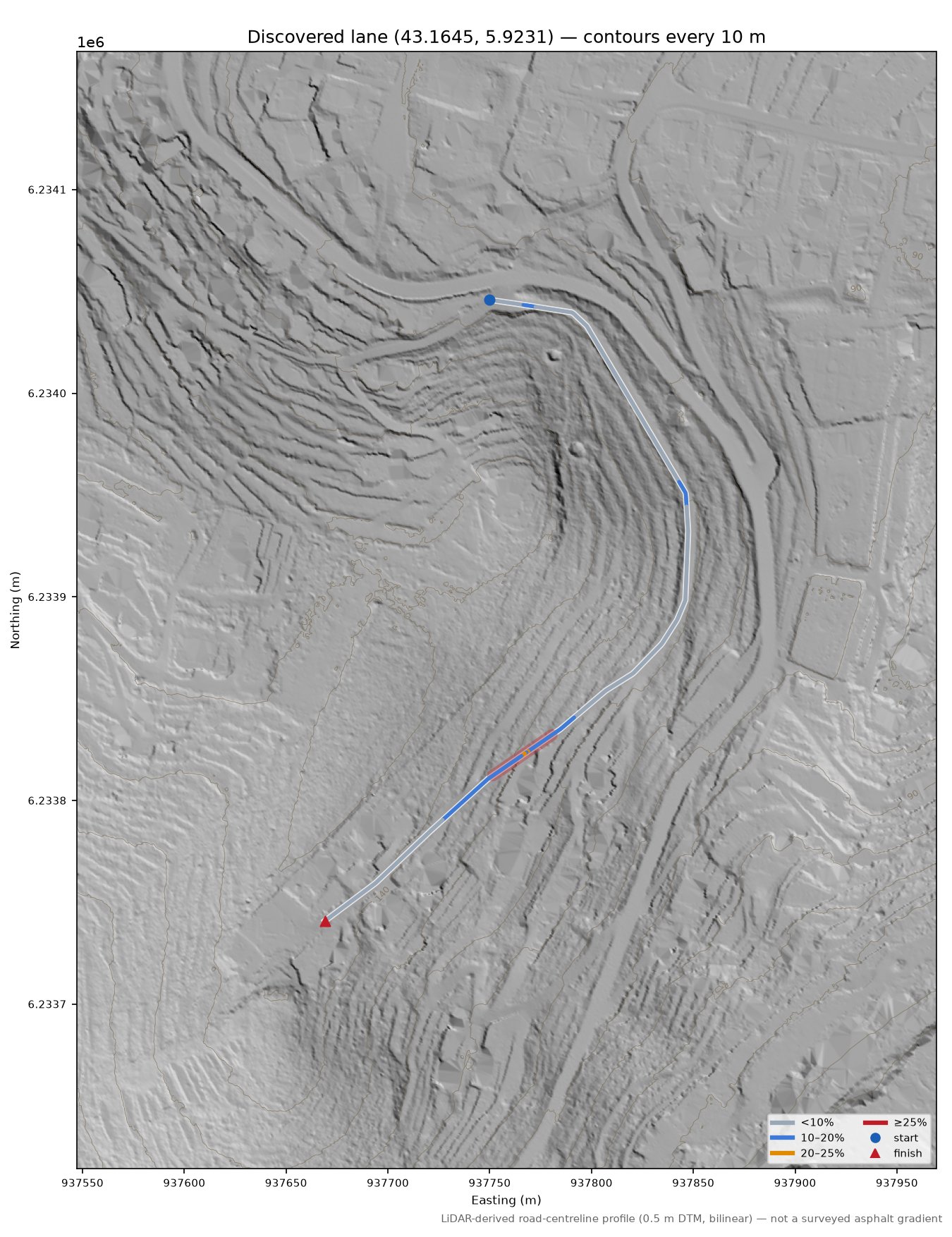 Discovered lane (43.1645, 5.9231) LiDAR hillshade map with contours