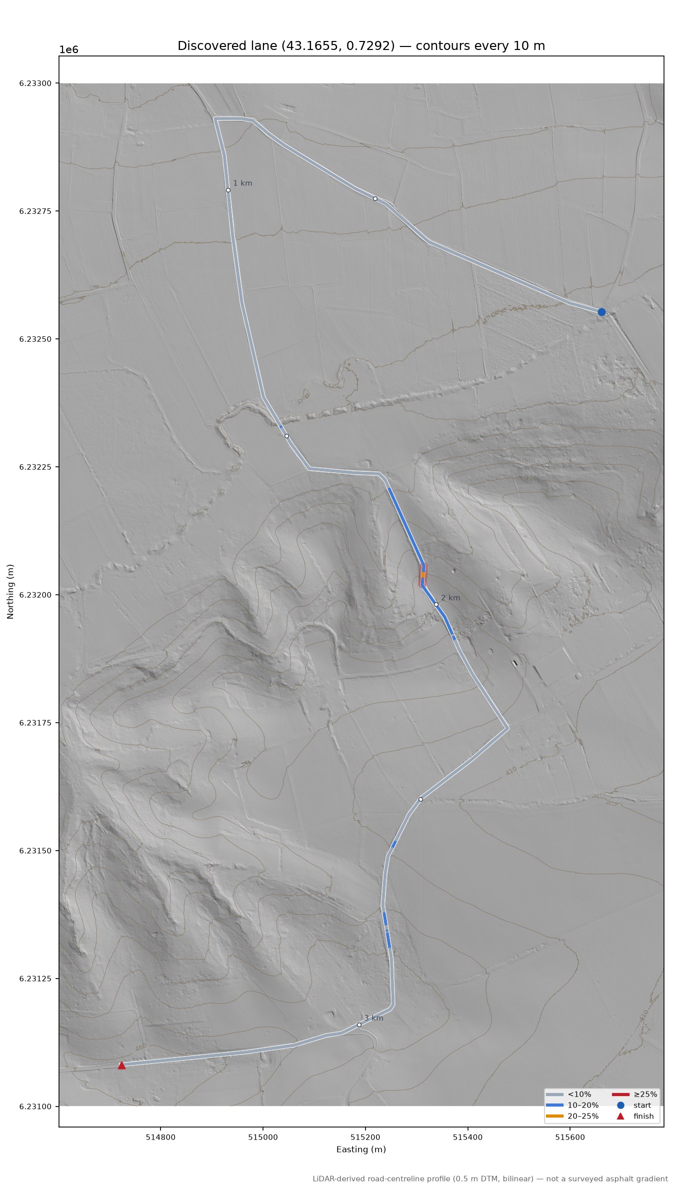 Discovered lane (43.1655, 0.7292) LiDAR hillshade map with contours