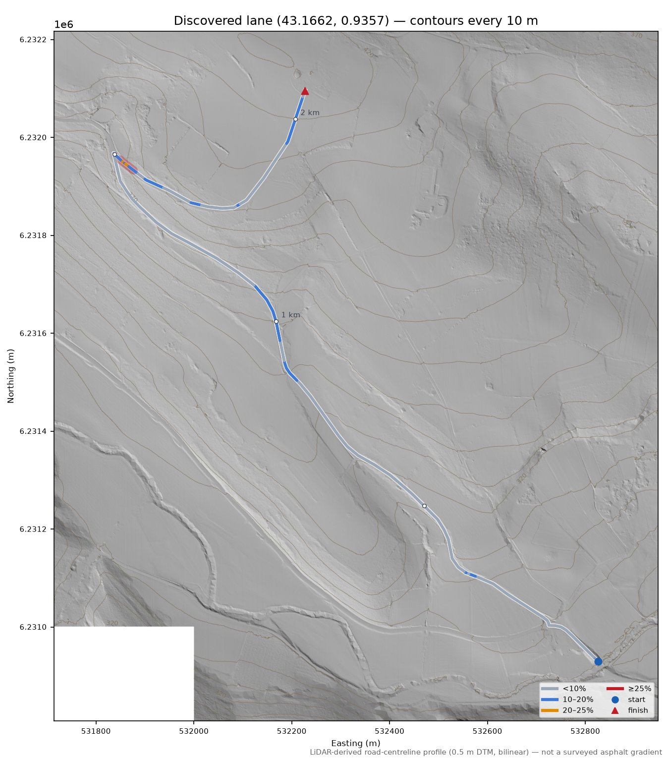 Discovered lane (43.1662, 0.9357) LiDAR hillshade map with contours