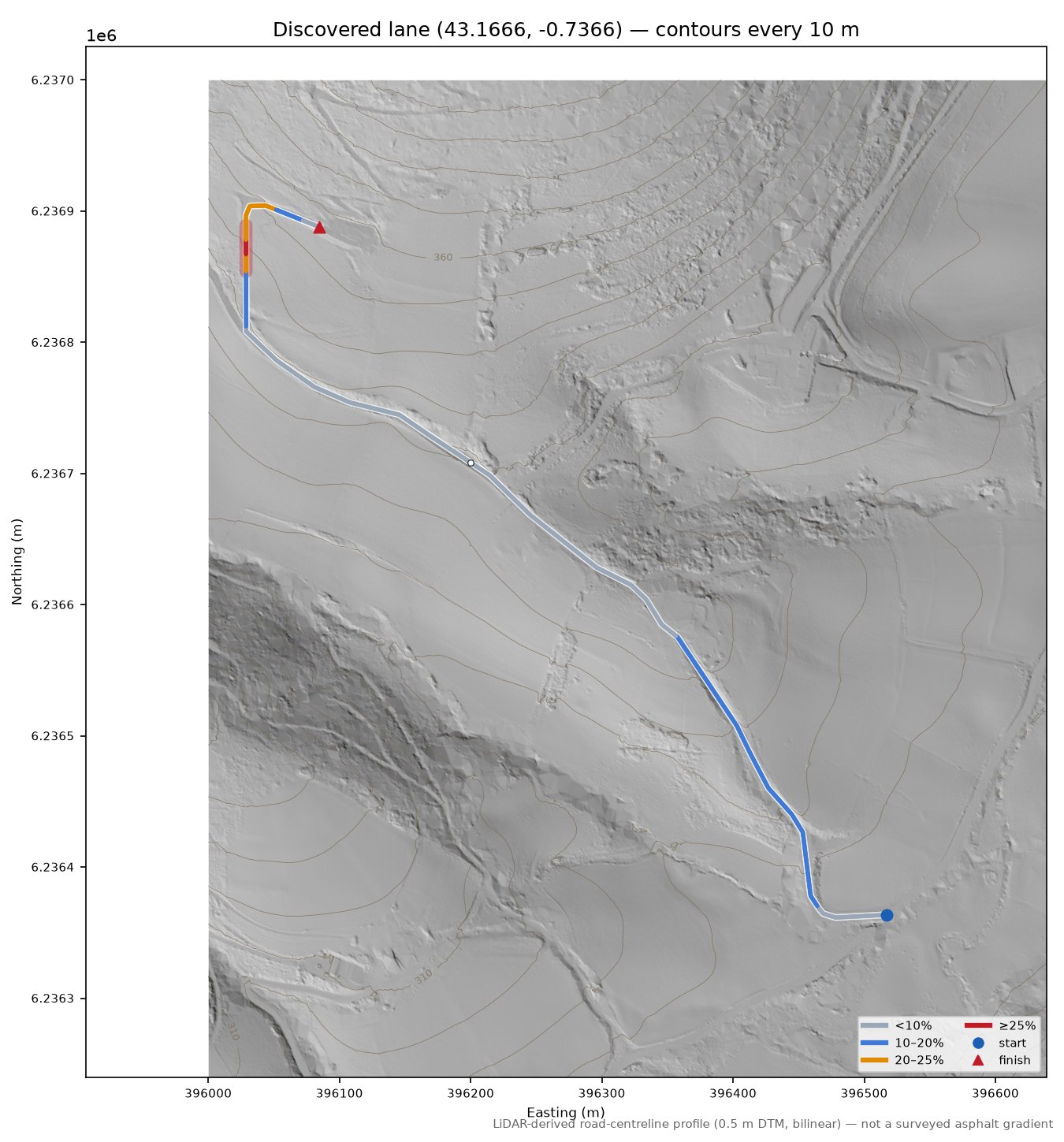 Discovered lane (43.1666, -0.7366) LiDAR hillshade map with contours