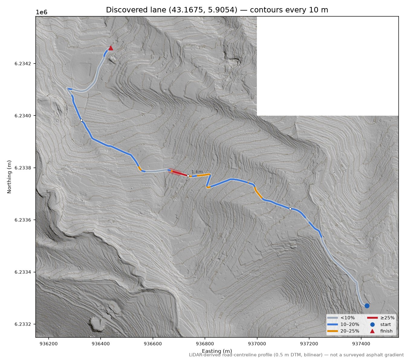 Discovered lane (43.1675, 5.9054) LiDAR hillshade map with contours