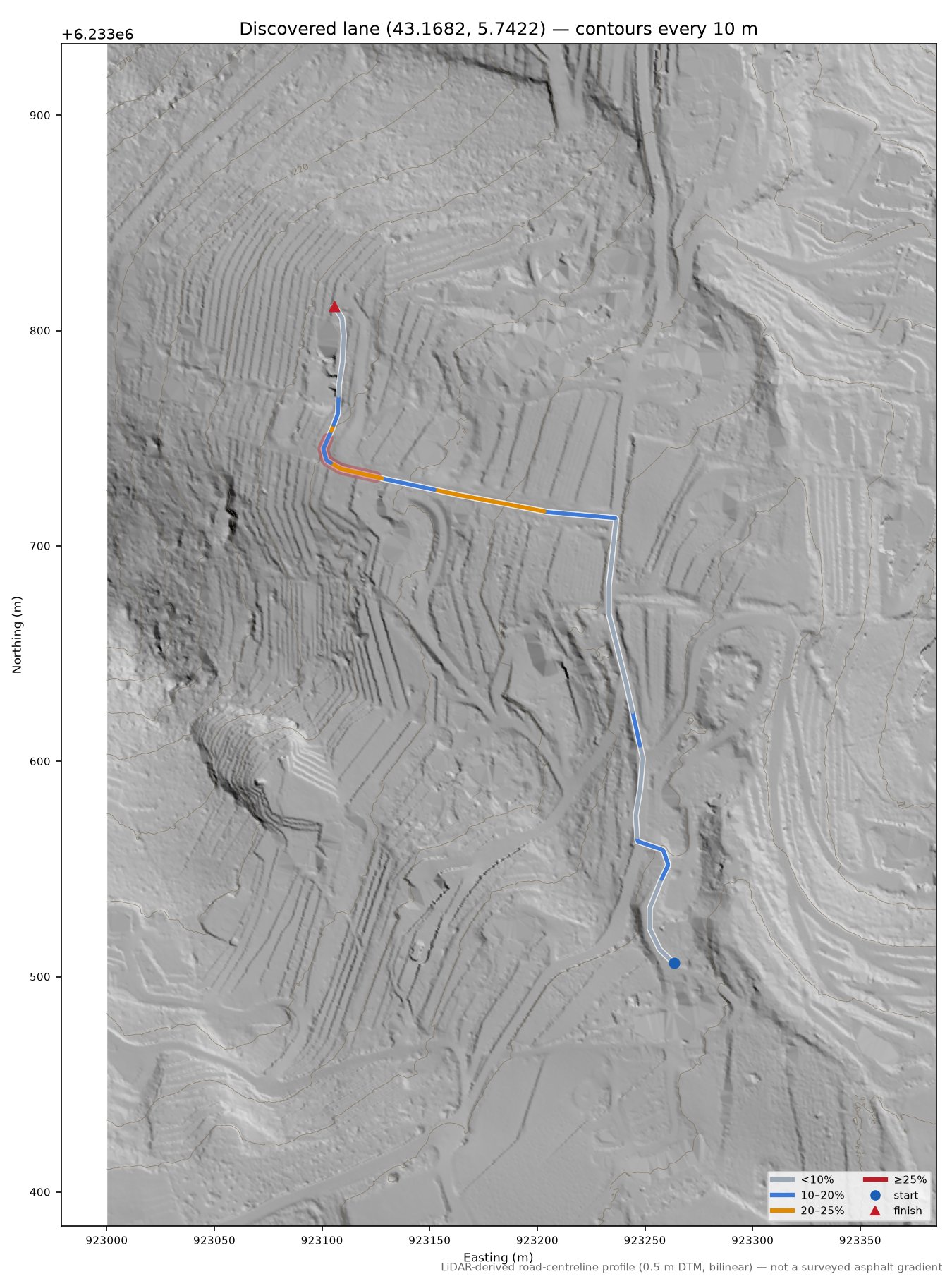 Discovered lane (43.1682, 5.7422) LiDAR hillshade map with contours