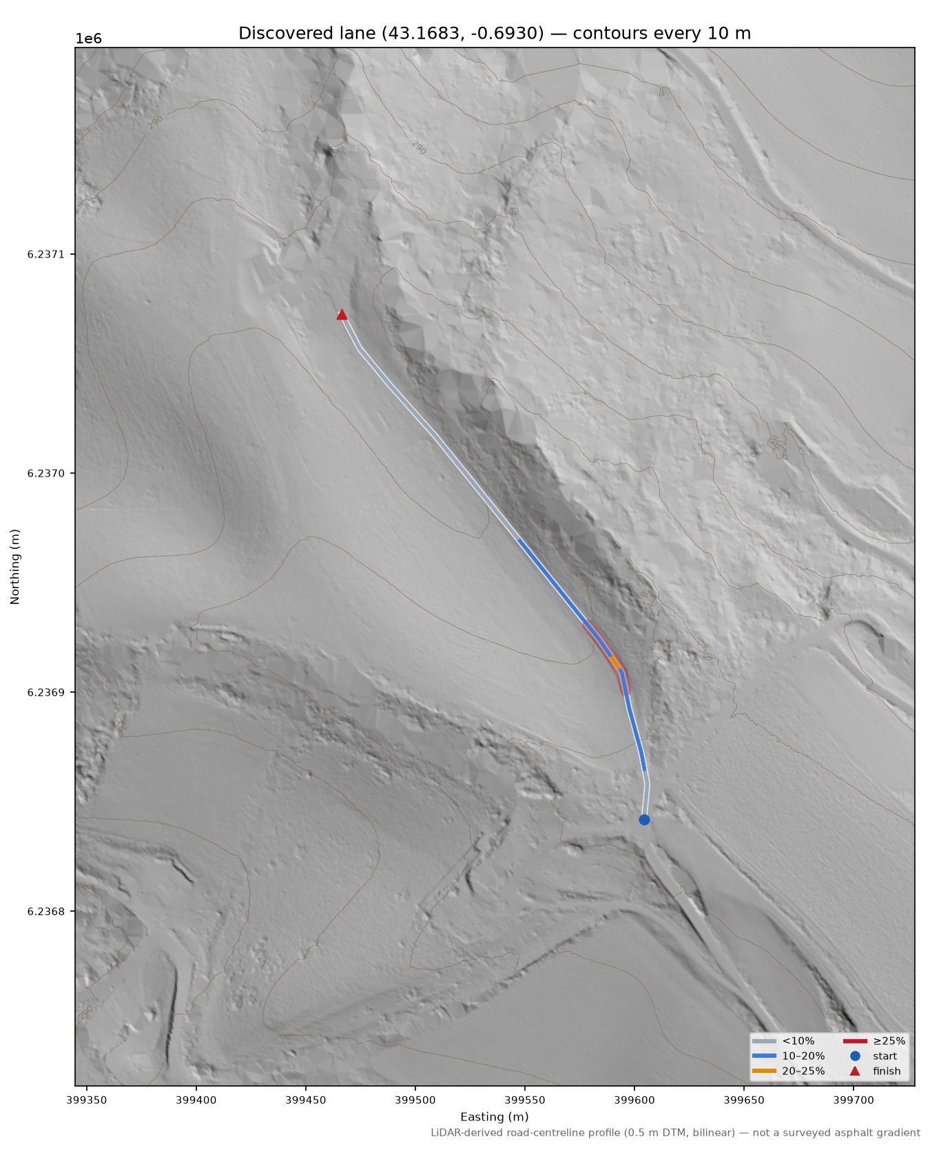 Discovered lane (43.1683, -0.6930) LiDAR hillshade map with contours