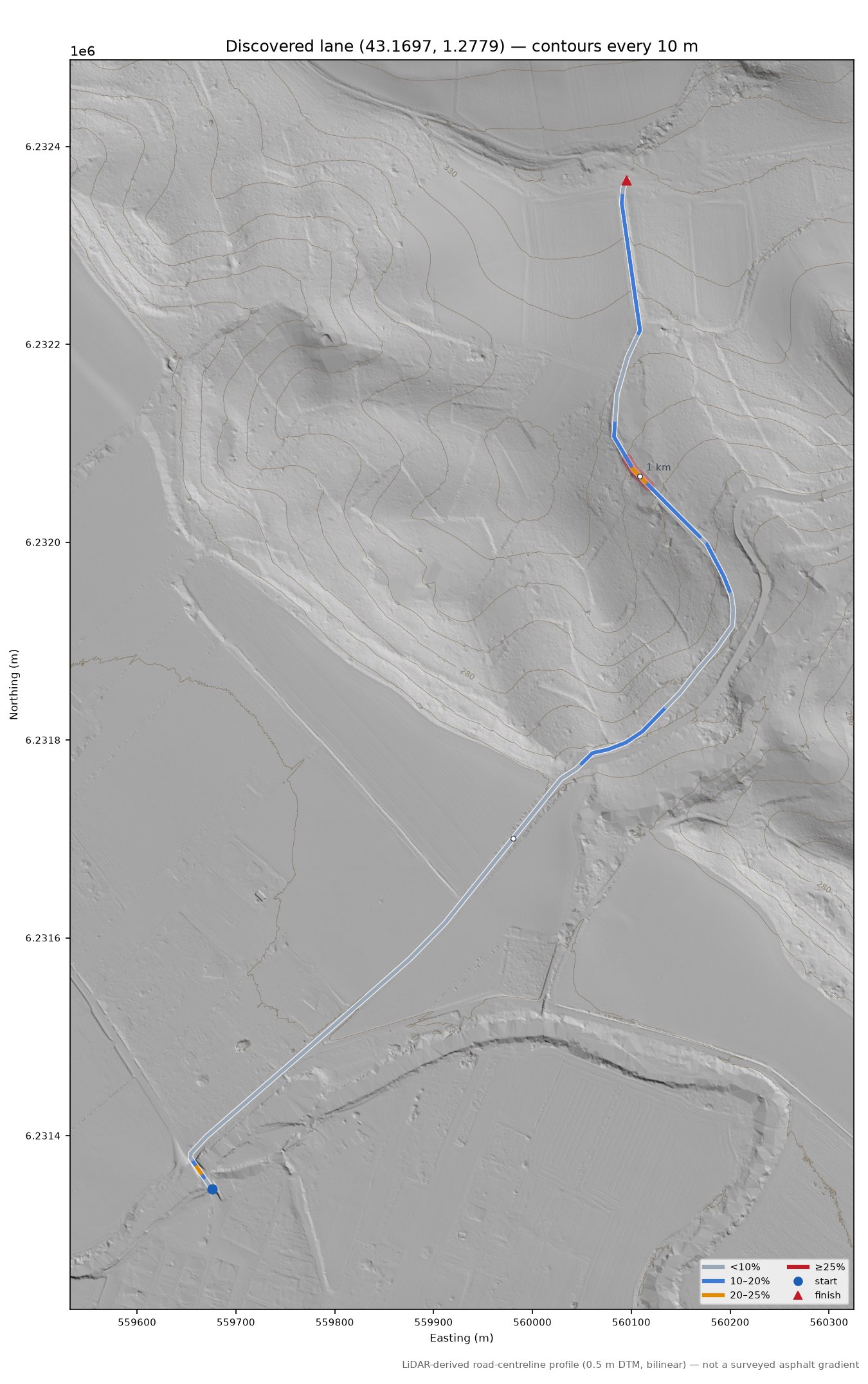 Discovered lane (43.1697, 1.2779) LiDAR hillshade map with contours