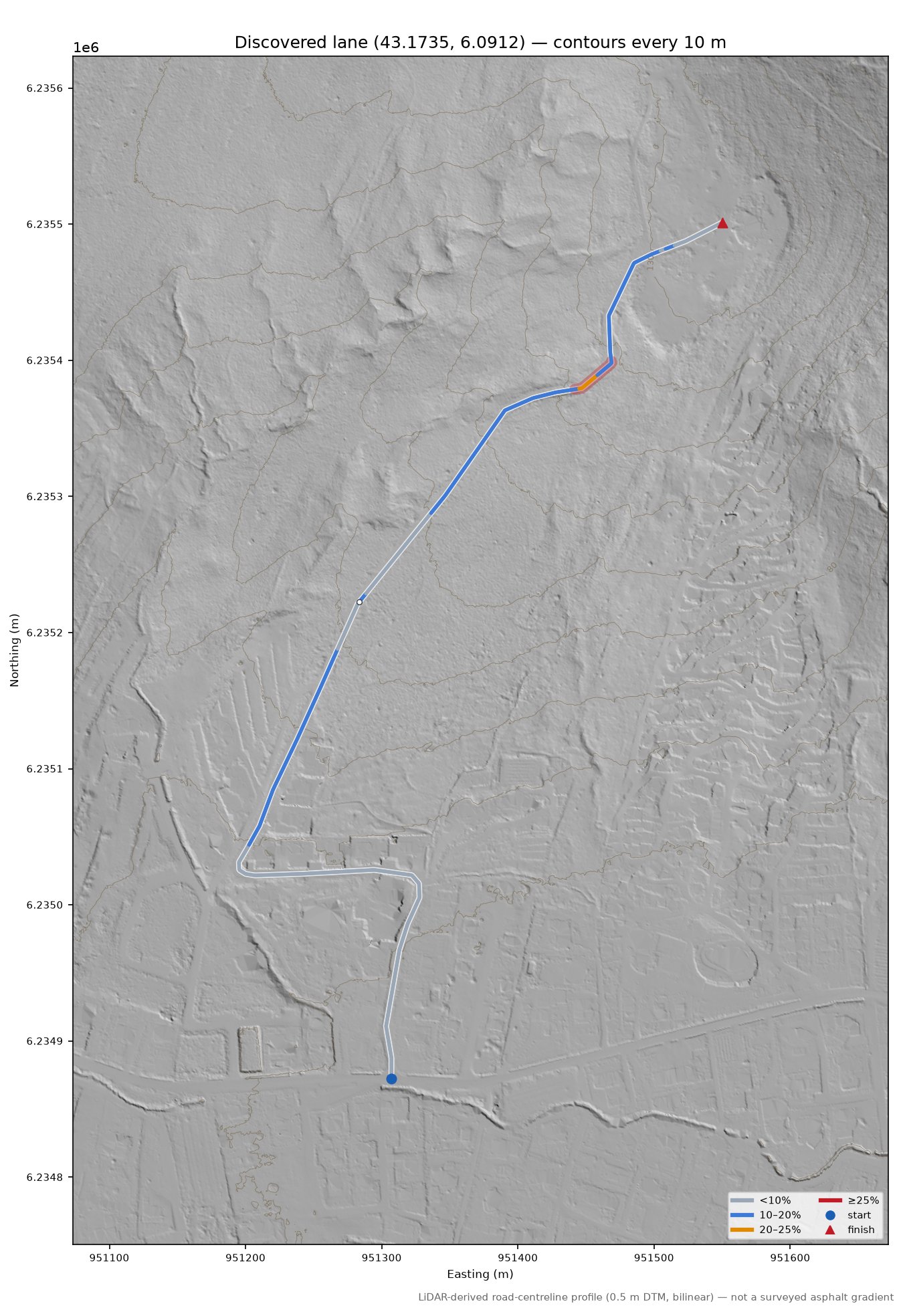 Discovered lane (43.1735, 6.0912) LiDAR hillshade map with contours