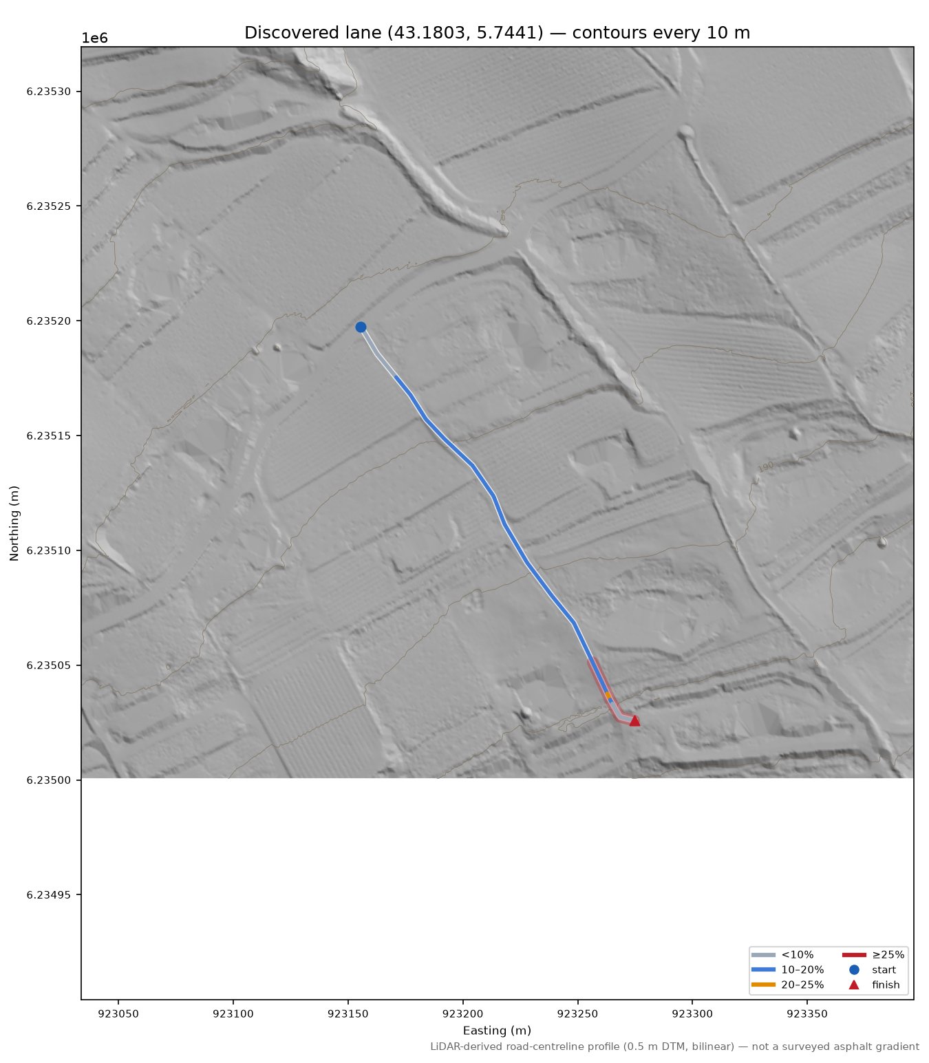 Discovered lane (43.1803, 5.7441) LiDAR hillshade map with contours