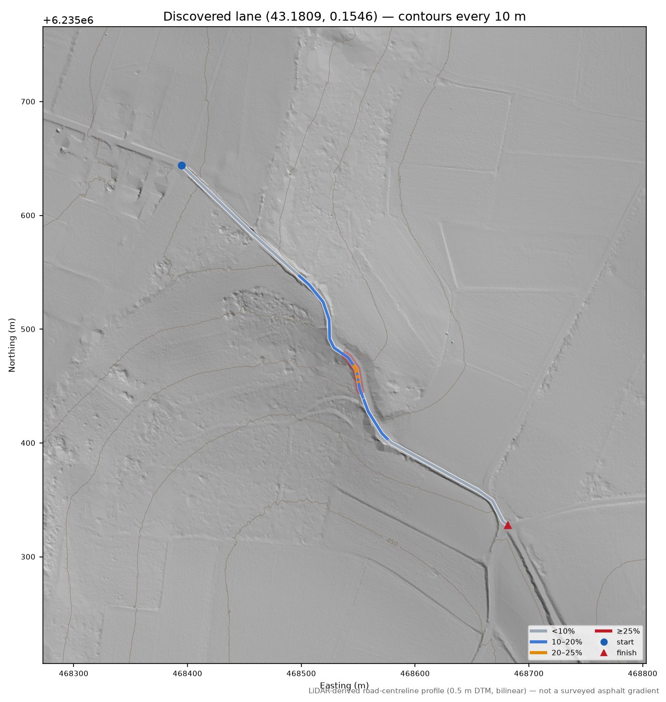 Discovered lane (43.1809, 0.1546) LiDAR hillshade map with contours