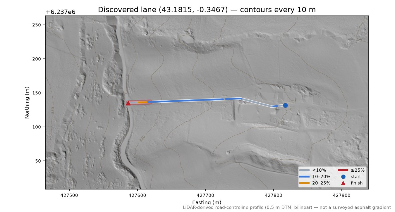 Discovered lane (43.1815, -0.3467) LiDAR hillshade map with contours