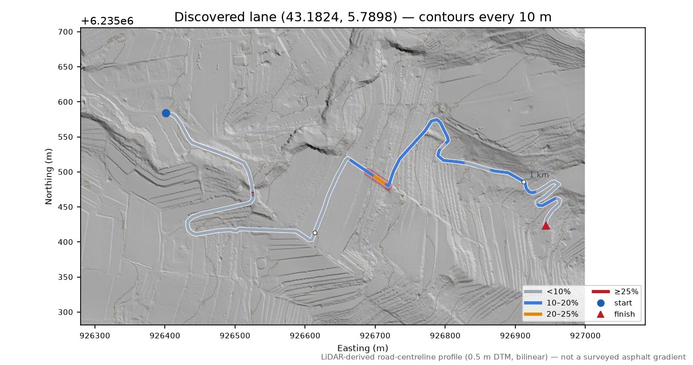 Discovered lane (43.1824, 5.7898) LiDAR hillshade map with contours