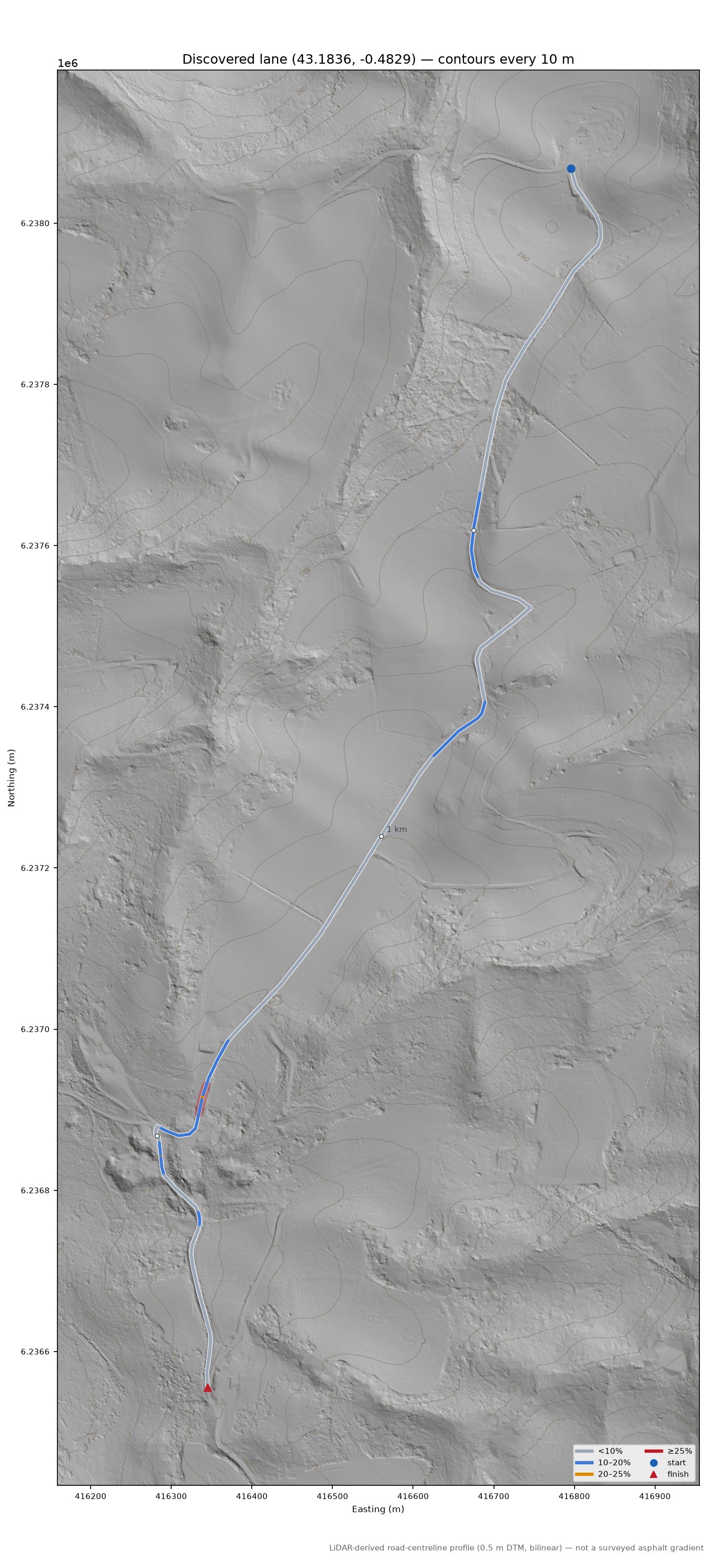Discovered lane (43.1836, -0.4829) LiDAR hillshade map with contours