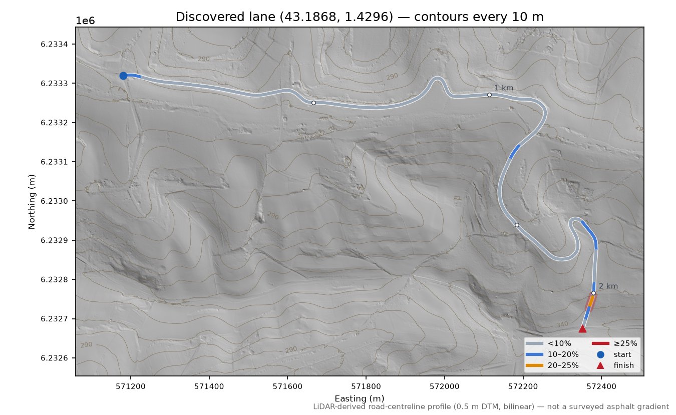 Discovered lane (43.1868, 1.4296) LiDAR hillshade map with contours