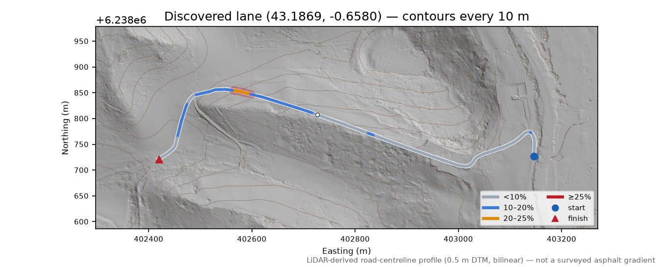Discovered lane (43.1869, -0.6580) LiDAR hillshade map with contours