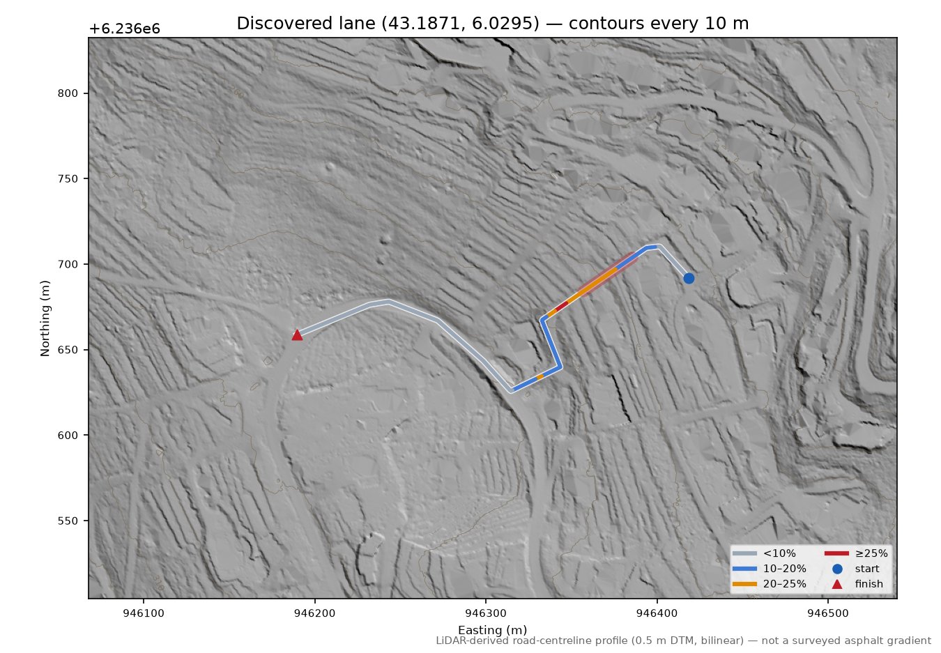 Discovered lane (43.1871, 6.0295) LiDAR hillshade map with contours