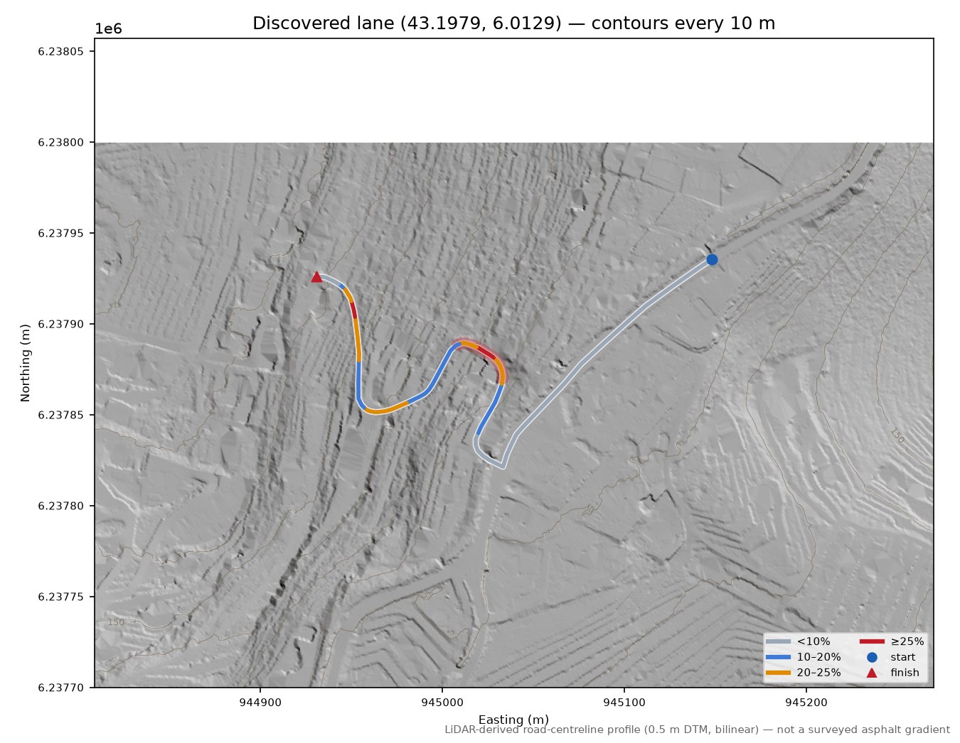 Discovered lane (43.1979, 6.0129) LiDAR hillshade map with contours