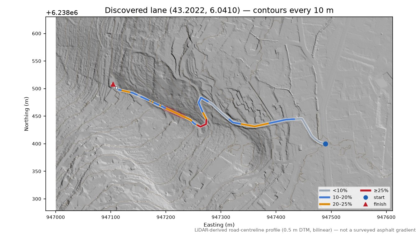 Discovered lane (43.2022, 6.0410) LiDAR hillshade map with contours