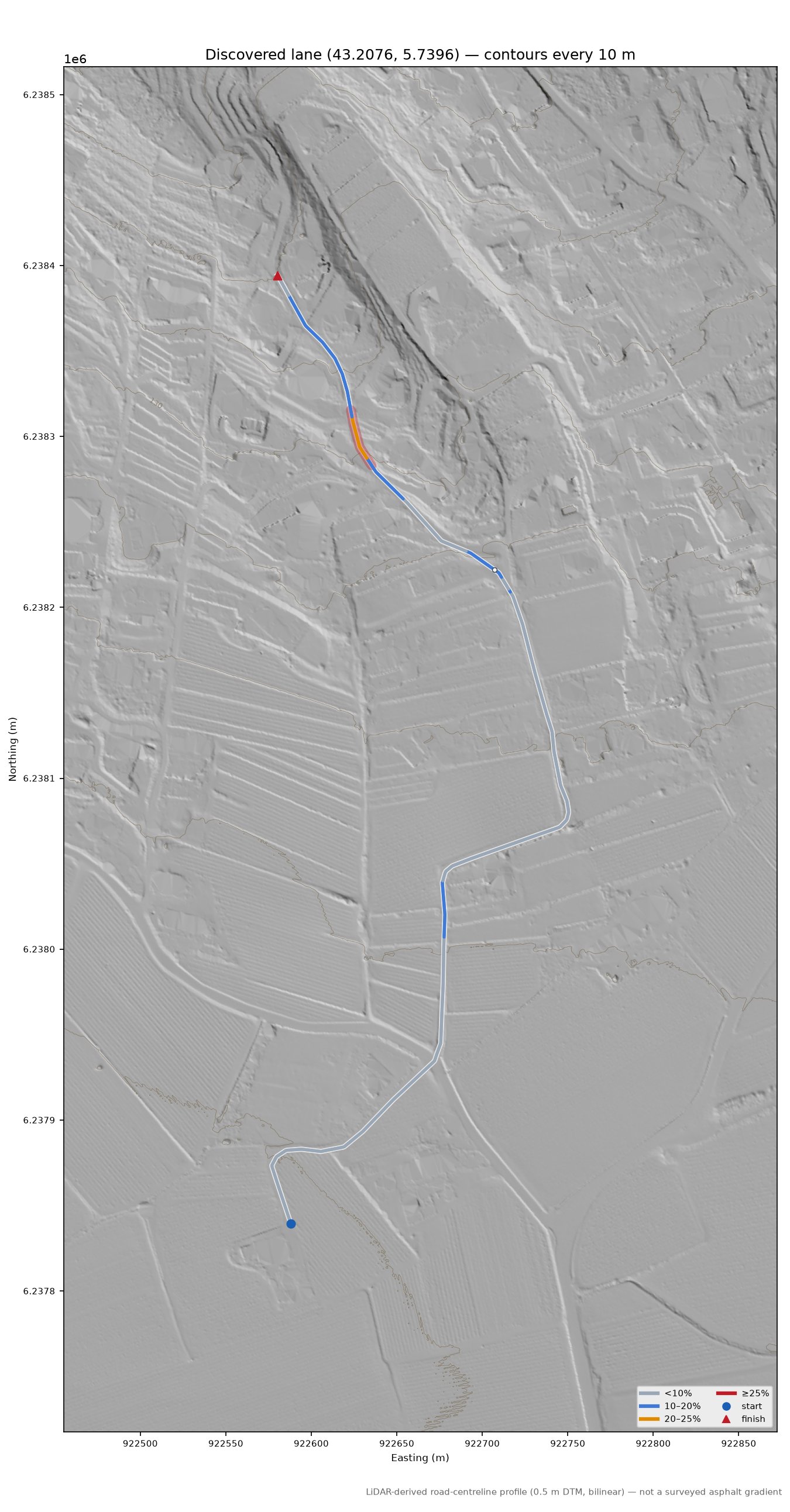 Discovered lane (43.2076, 5.7396) LiDAR hillshade map with contours