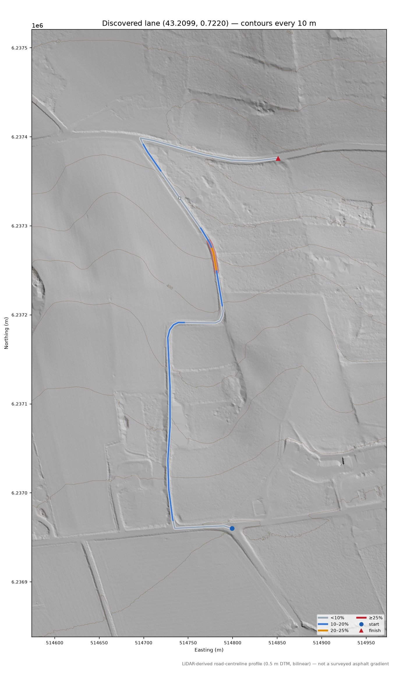 Discovered lane (43.2099, 0.7220) LiDAR hillshade map with contours