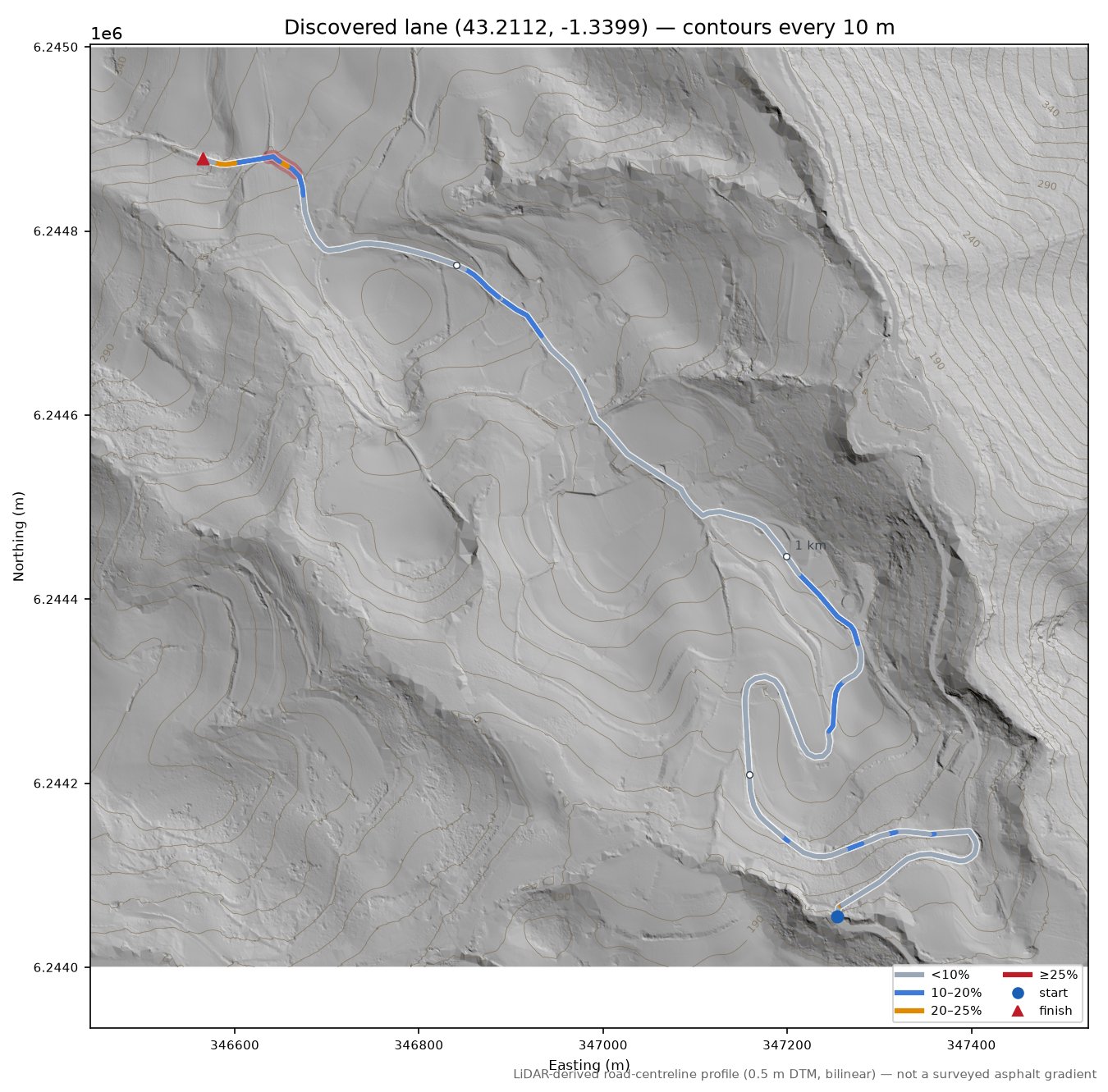 Discovered lane (43.2112, -1.3399) LiDAR hillshade map with contours