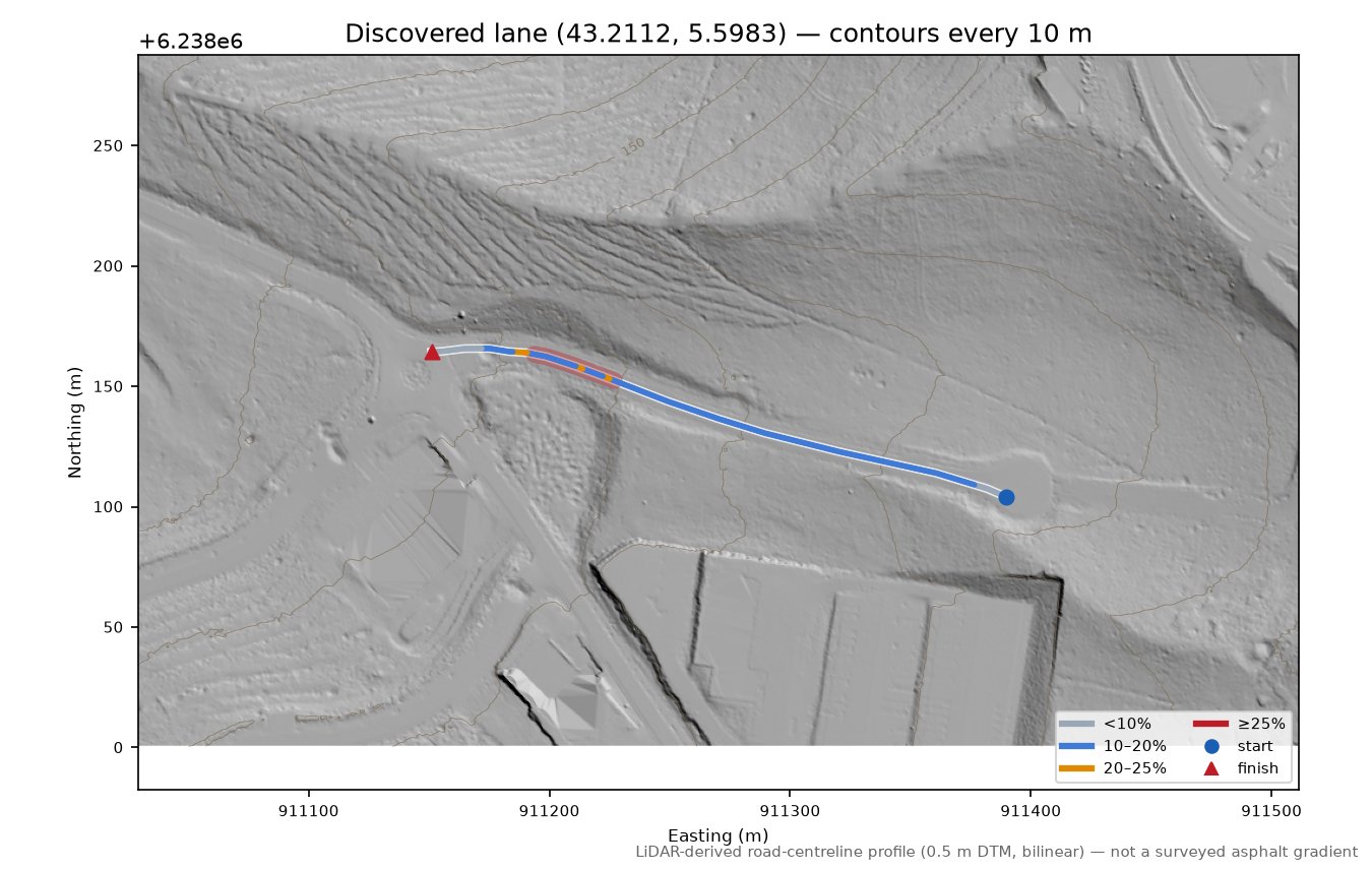 Discovered lane (43.2112, 5.5983) LiDAR hillshade map with contours