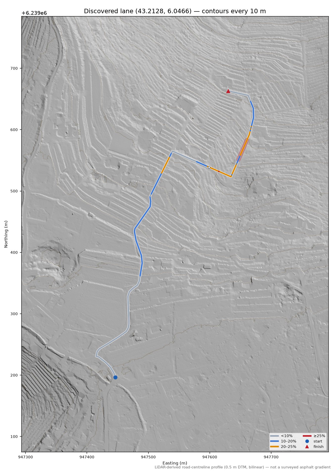 Discovered lane (43.2128, 6.0466) LiDAR hillshade map with contours