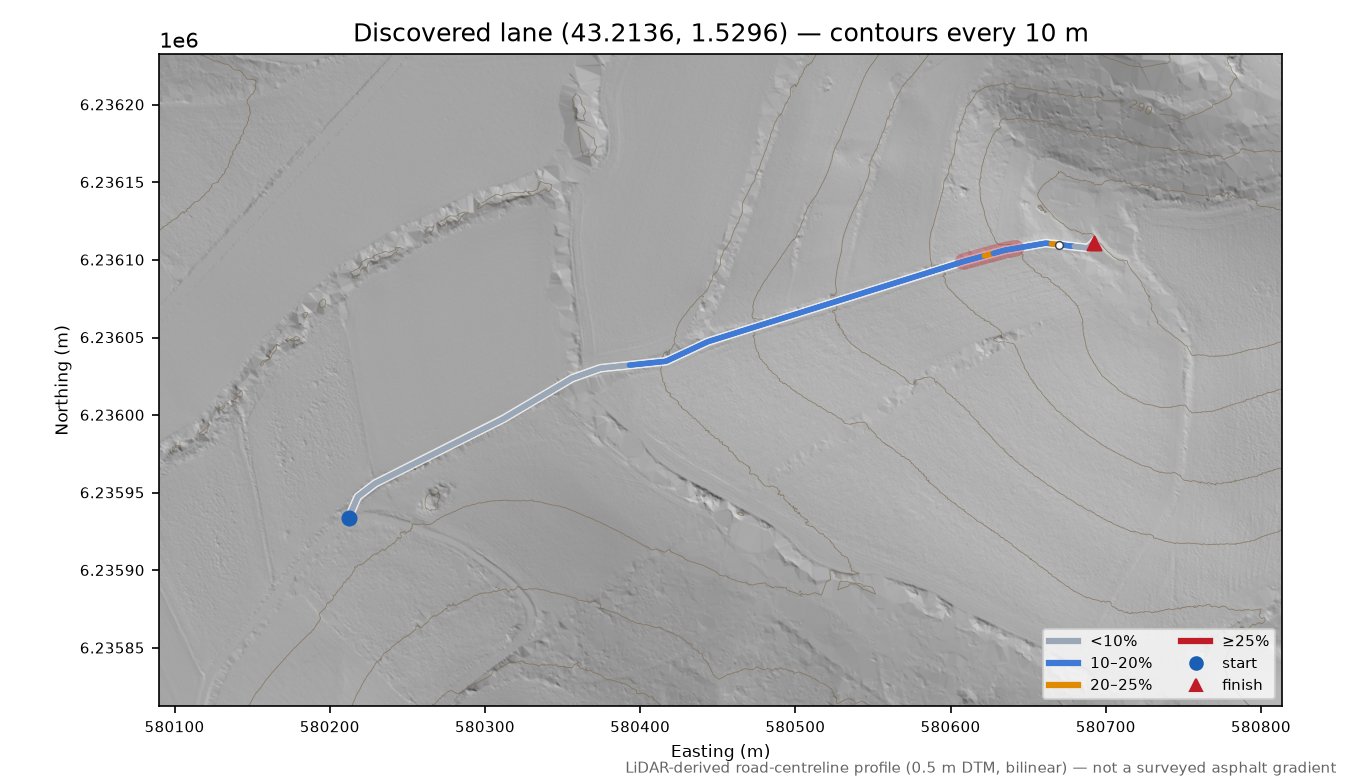 Discovered lane (43.2136, 1.5296) LiDAR hillshade map with contours