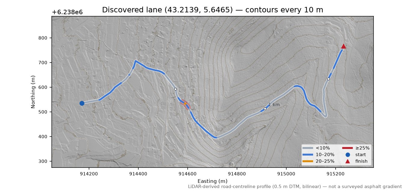 Discovered lane (43.2139, 5.6465) LiDAR hillshade map with contours
