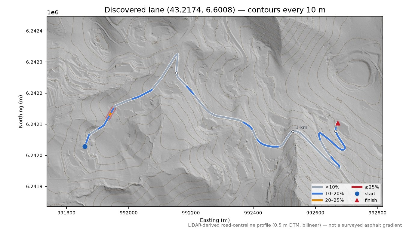 Discovered lane (43.2174, 6.6008) LiDAR hillshade map with contours