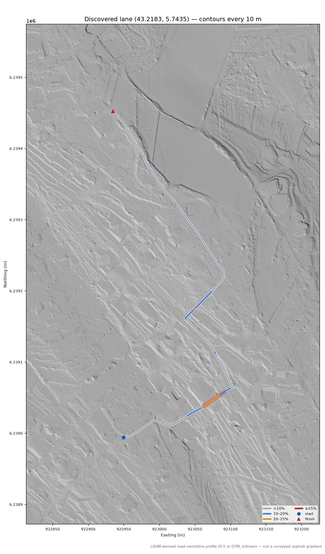 Discovered lane (43.2183, 5.7435) LiDAR hillshade map with contours