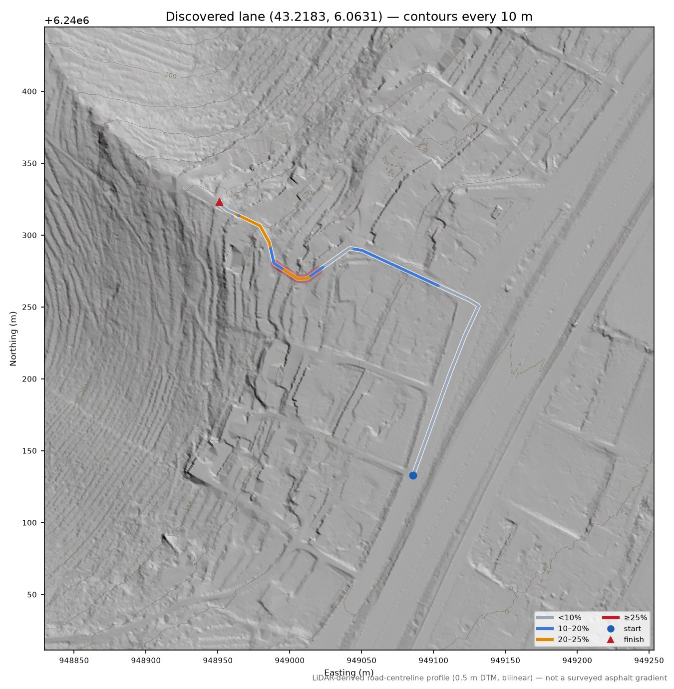 Discovered lane (43.2183, 6.0631) LiDAR hillshade map with contours