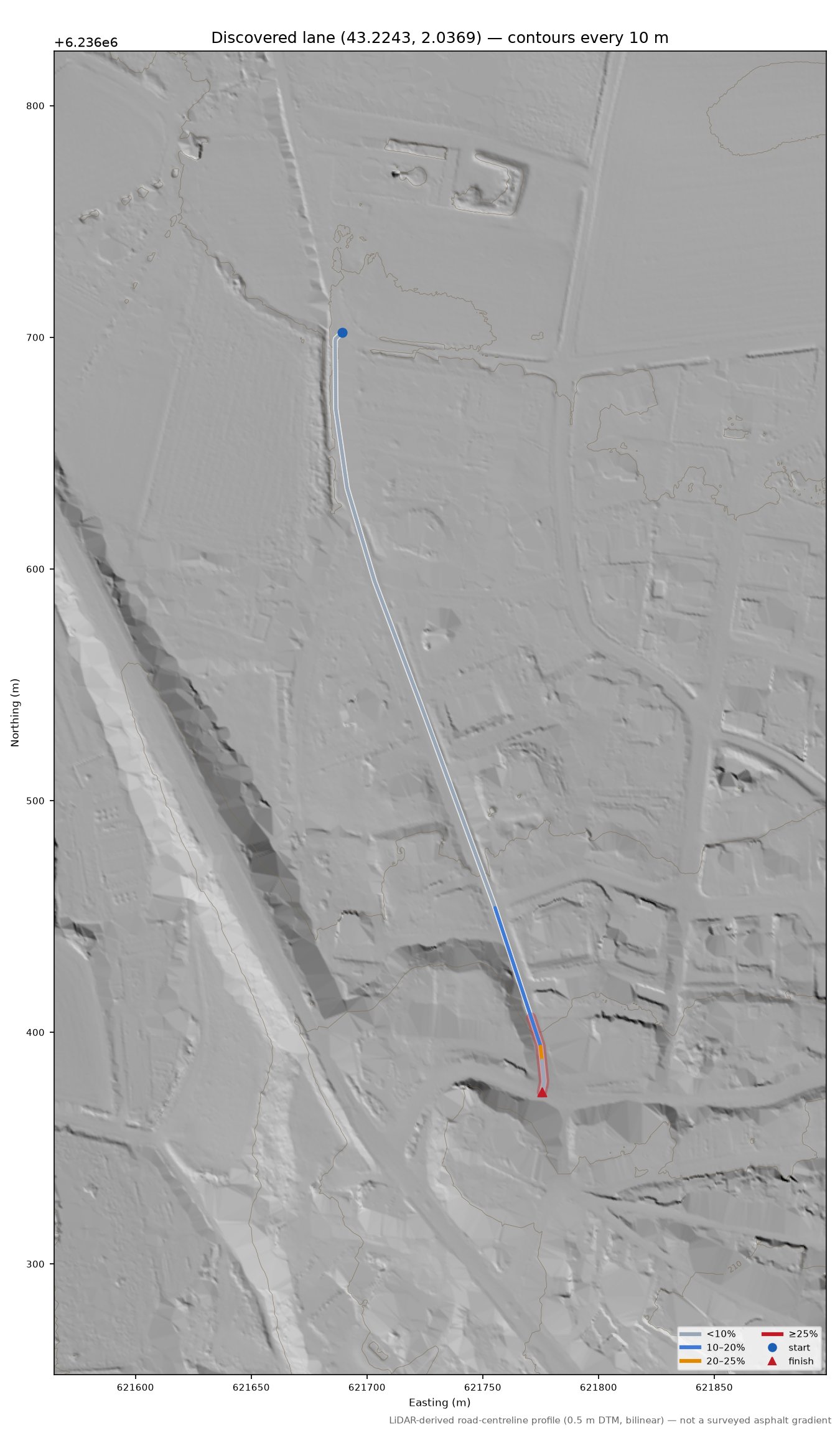 Discovered lane (43.2243, 2.0369) LiDAR hillshade map with contours