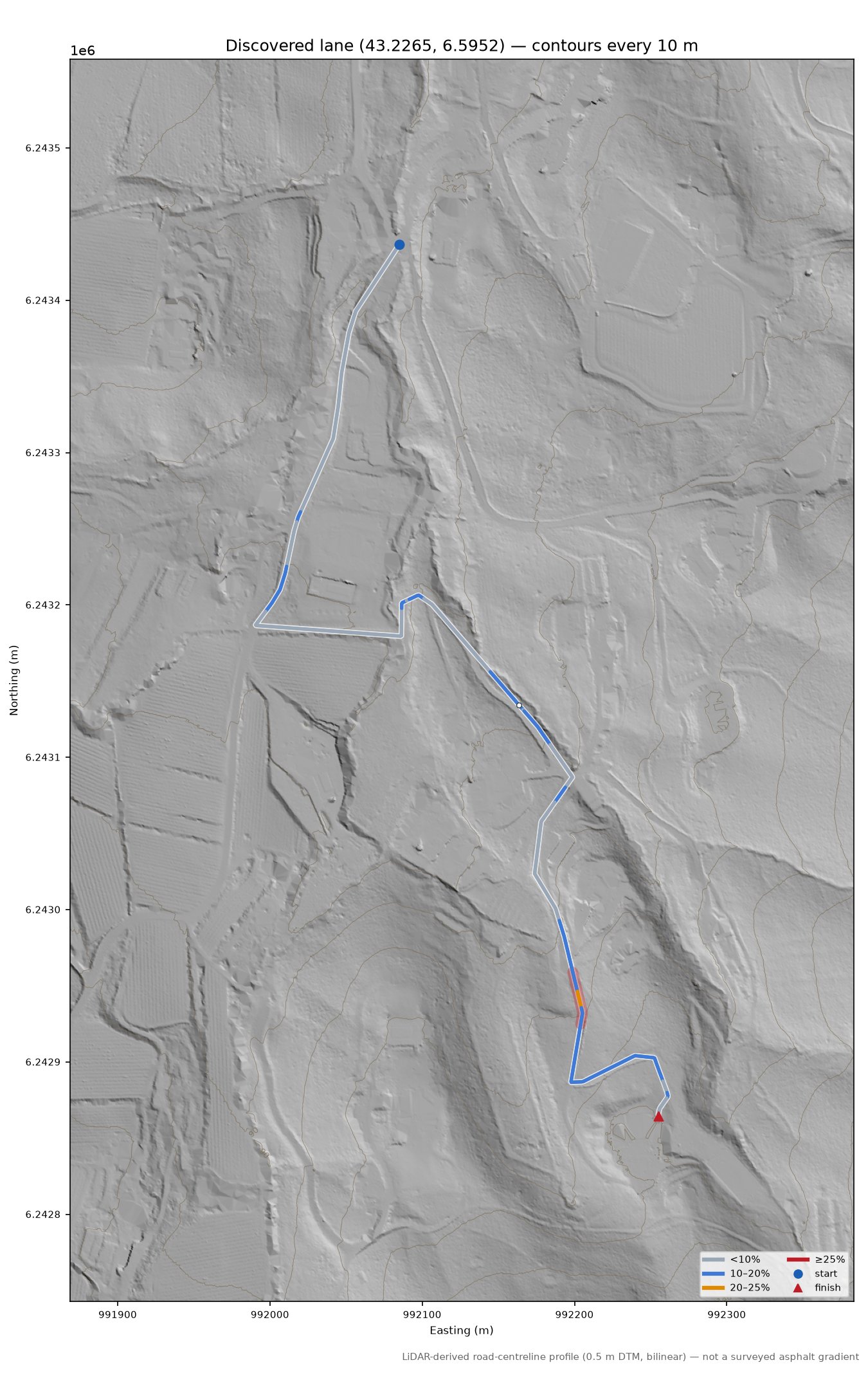 Discovered lane (43.2265, 6.5952) LiDAR hillshade map with contours