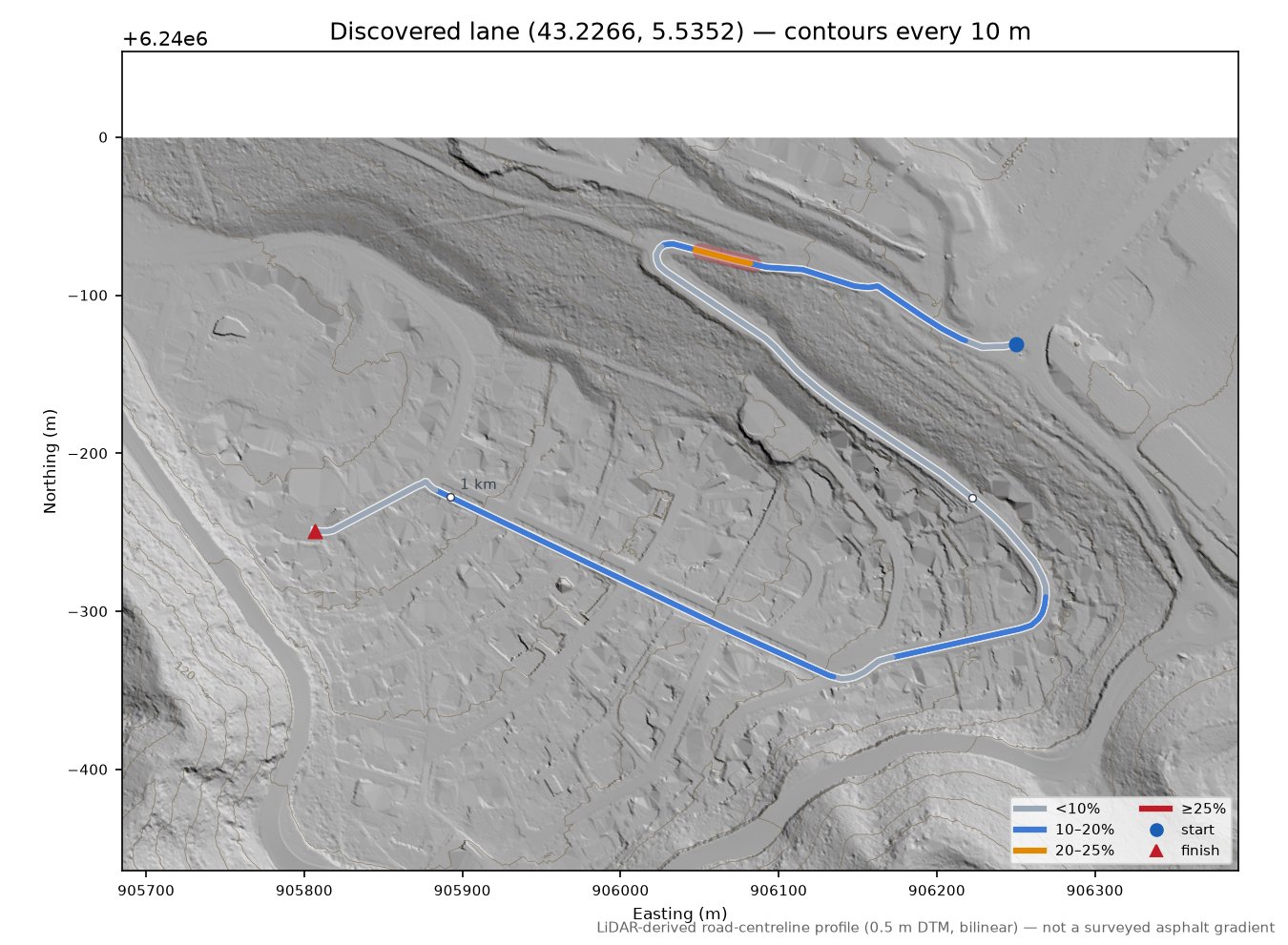 Discovered lane (43.2266, 5.5352) LiDAR hillshade map with contours