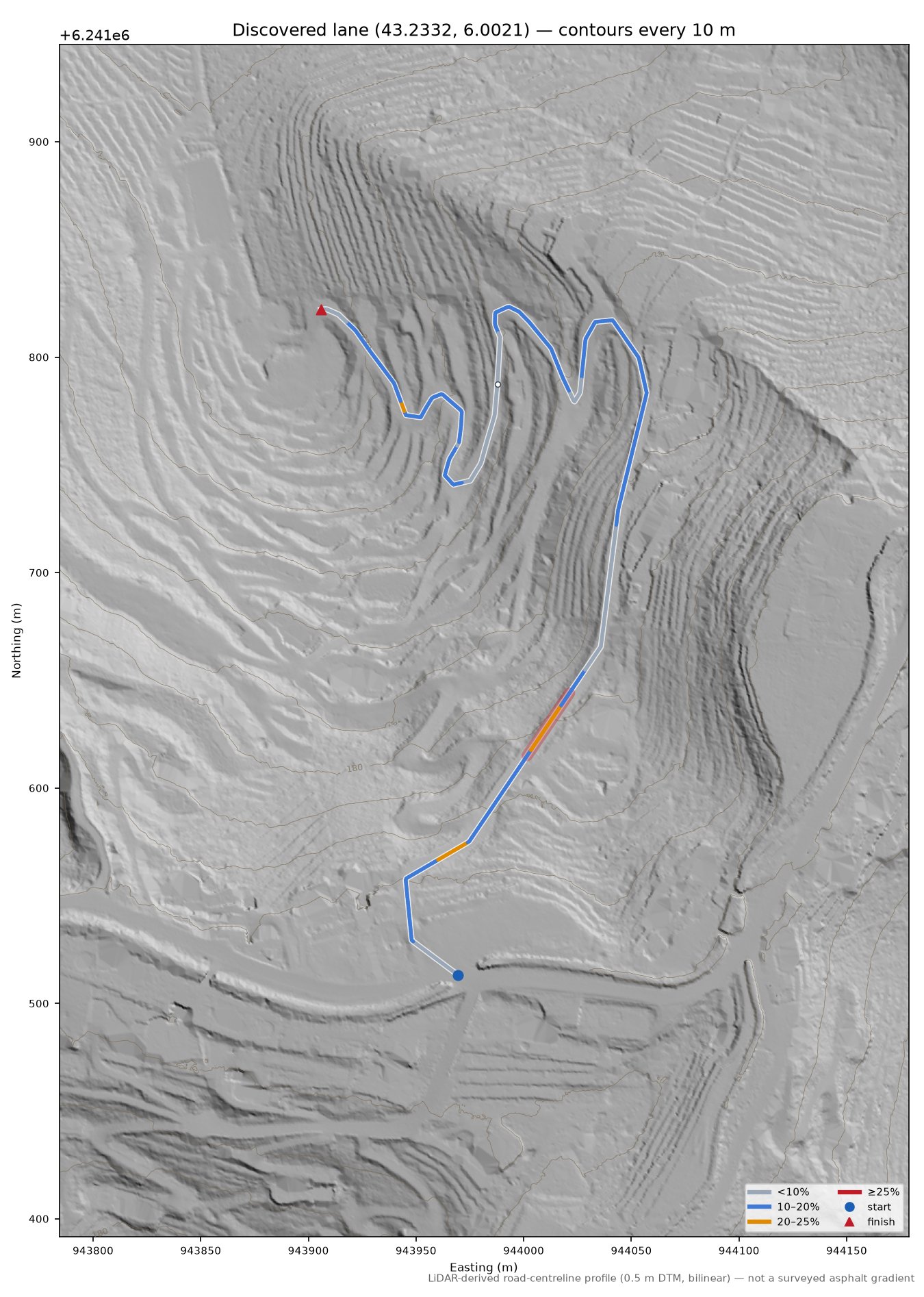 Discovered lane (43.2332, 6.0021) LiDAR hillshade map with contours