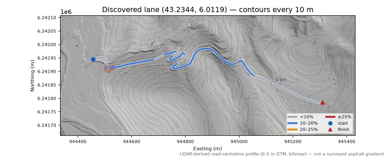 Discovered lane (43.2344, 6.0119) LiDAR hillshade map with contours