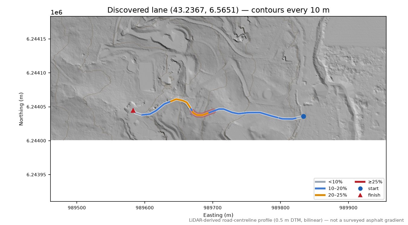 Discovered lane (43.2367, 6.5651) LiDAR hillshade map with contours