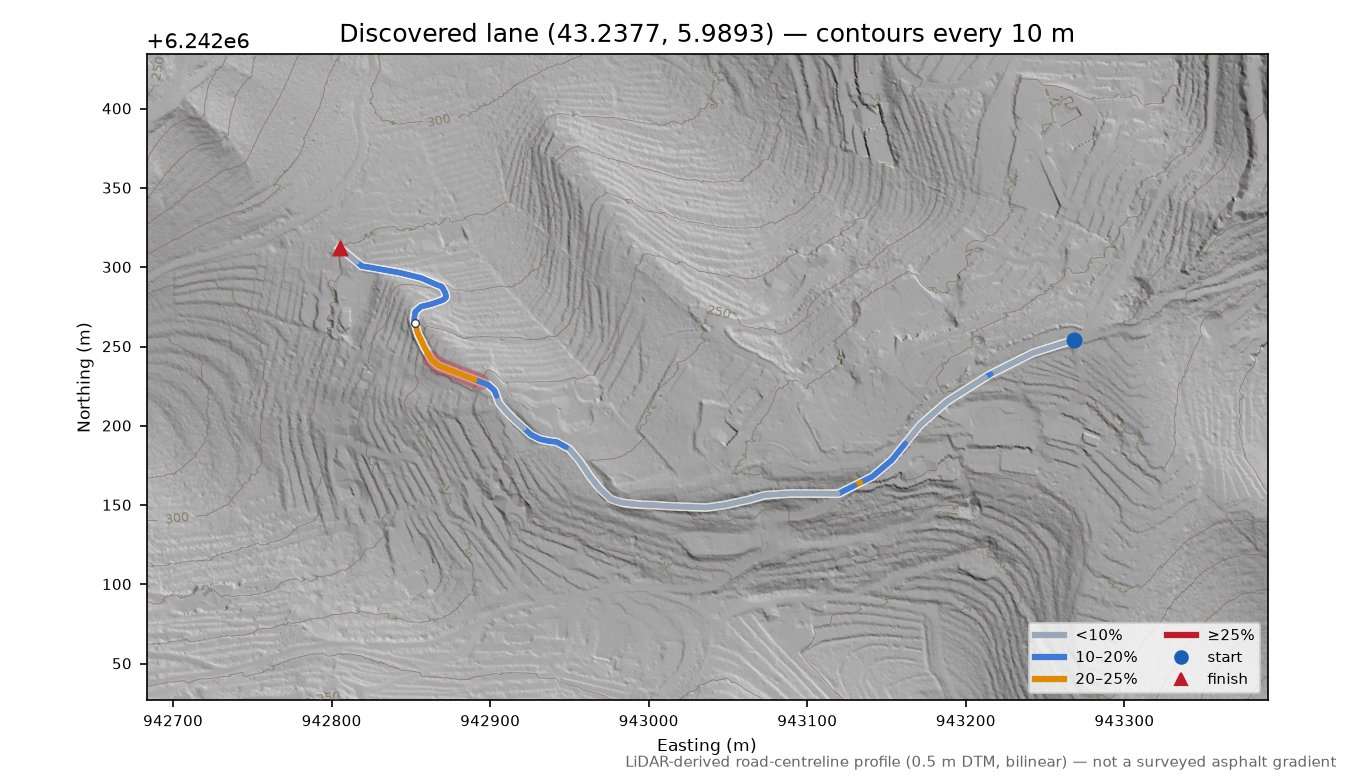 Discovered lane (43.2377, 5.9893) LiDAR hillshade map with contours