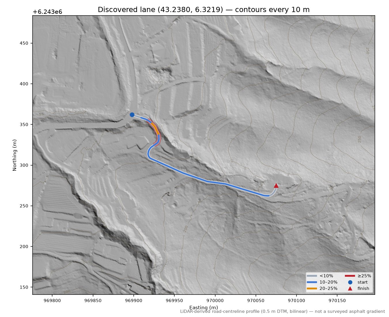 Discovered lane (43.2380, 6.3219) LiDAR hillshade map with contours