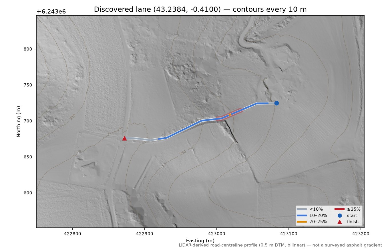 Discovered lane (43.2384, -0.4100) LiDAR hillshade map with contours