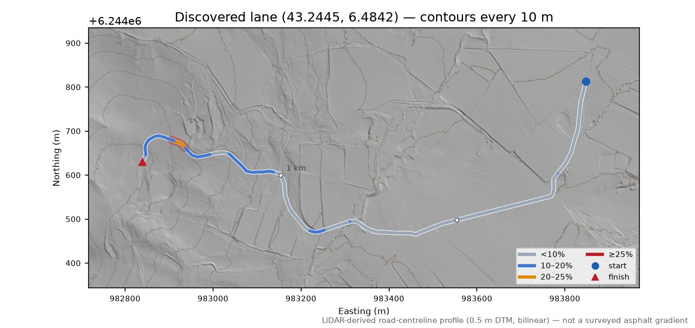 Discovered lane (43.2445, 6.4842) LiDAR hillshade map with contours