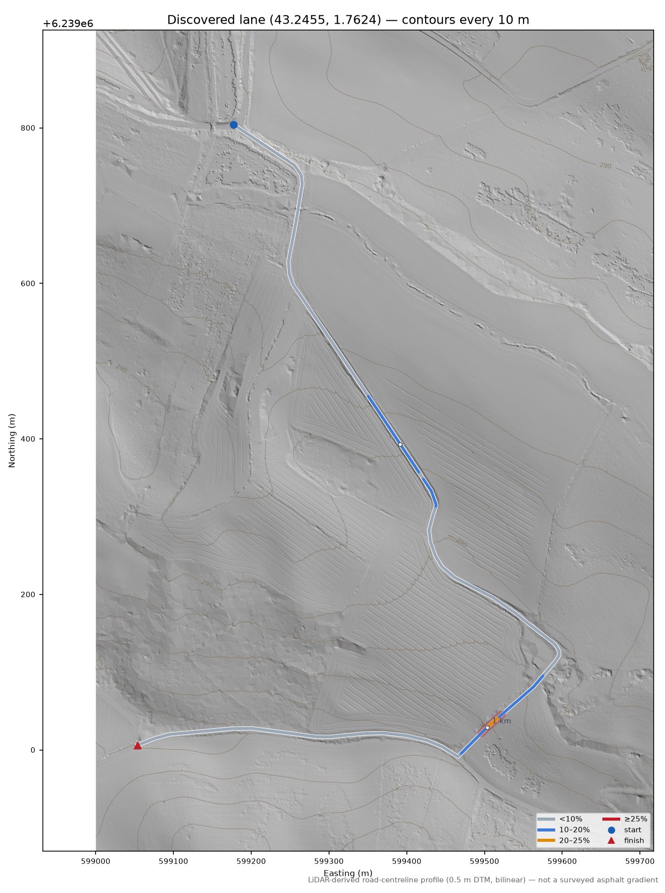 Discovered lane (43.2455, 1.7624) LiDAR hillshade map with contours