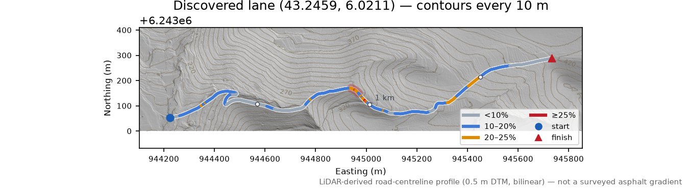 Discovered lane (43.2459, 6.0211) LiDAR hillshade map with contours