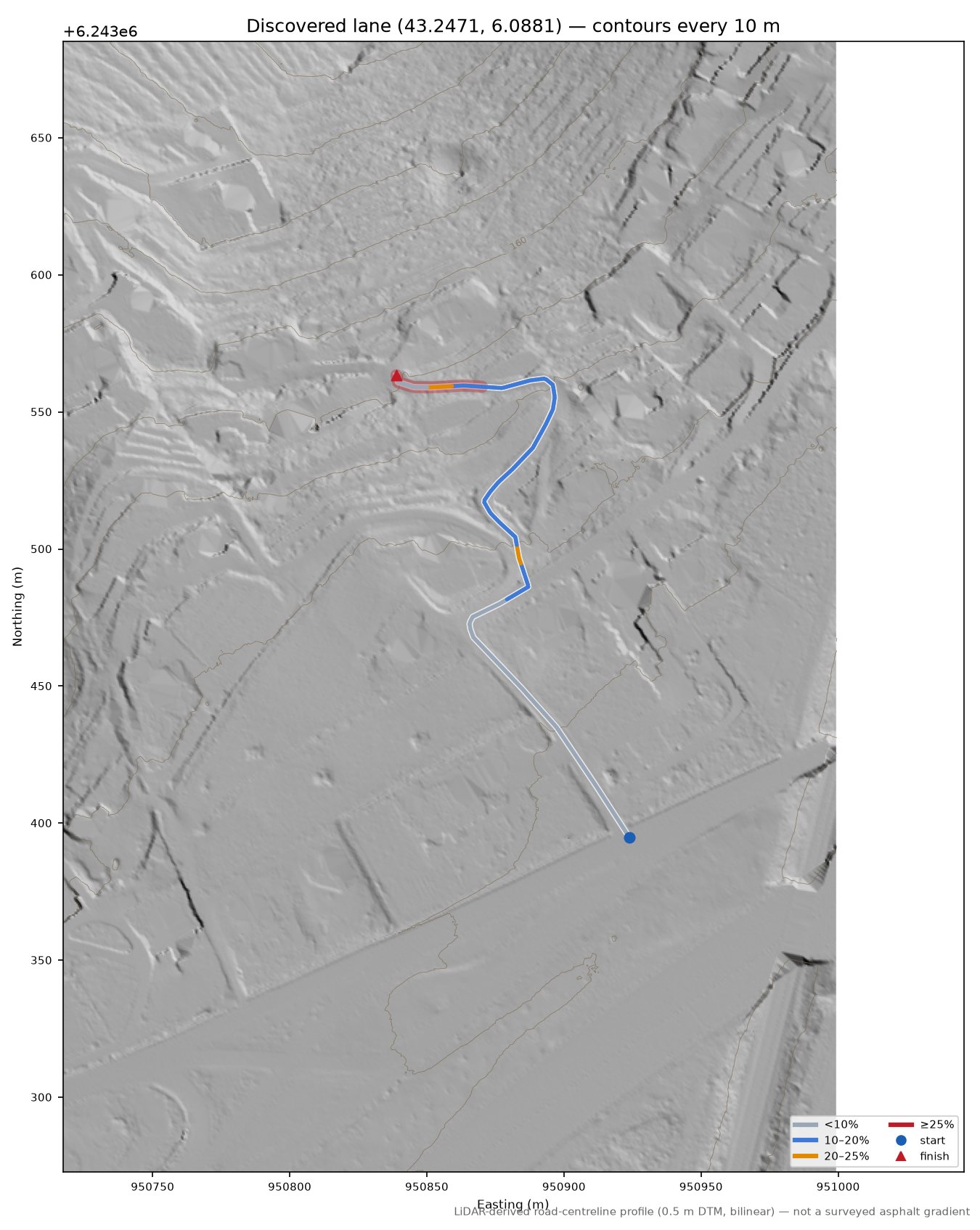 Discovered lane (43.2471, 6.0881) LiDAR hillshade map with contours
