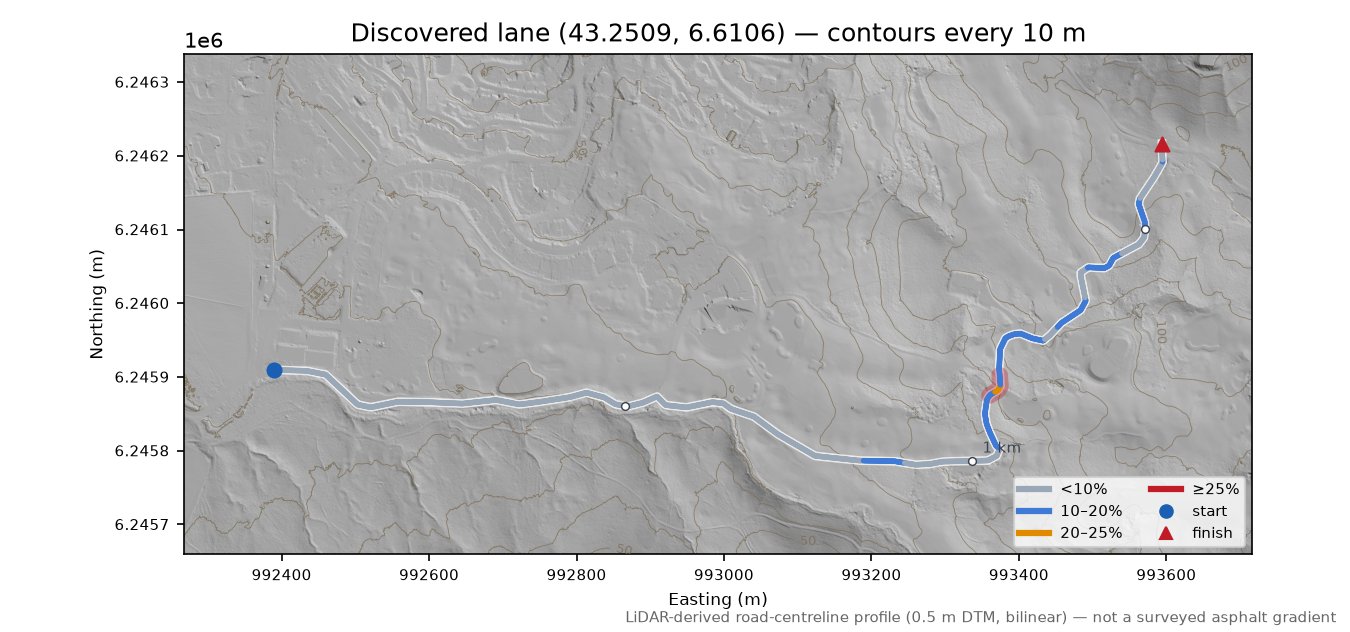 Discovered lane (43.2509, 6.6106) LiDAR hillshade map with contours