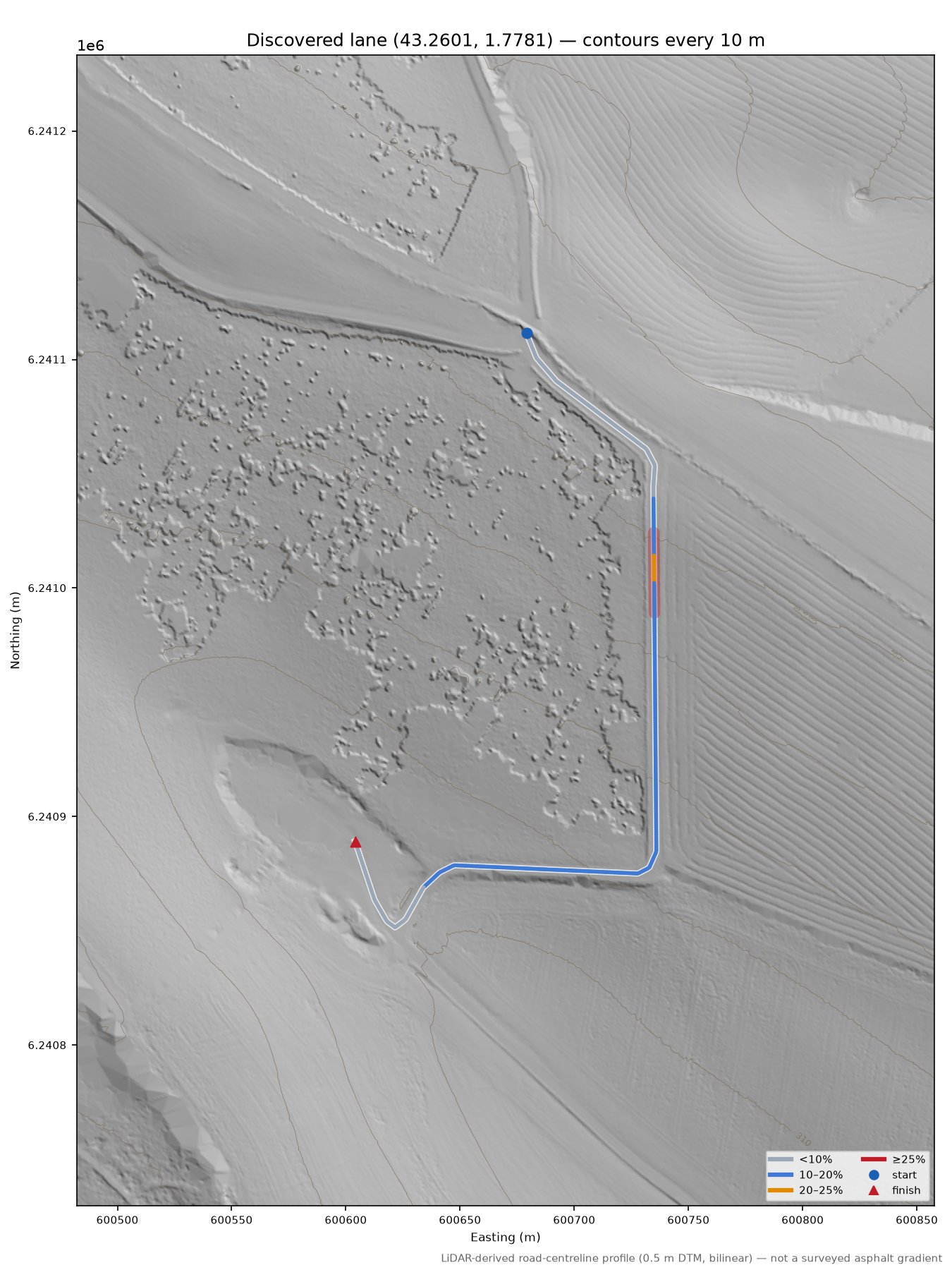 Discovered lane (43.2601, 1.7781) LiDAR hillshade map with contours