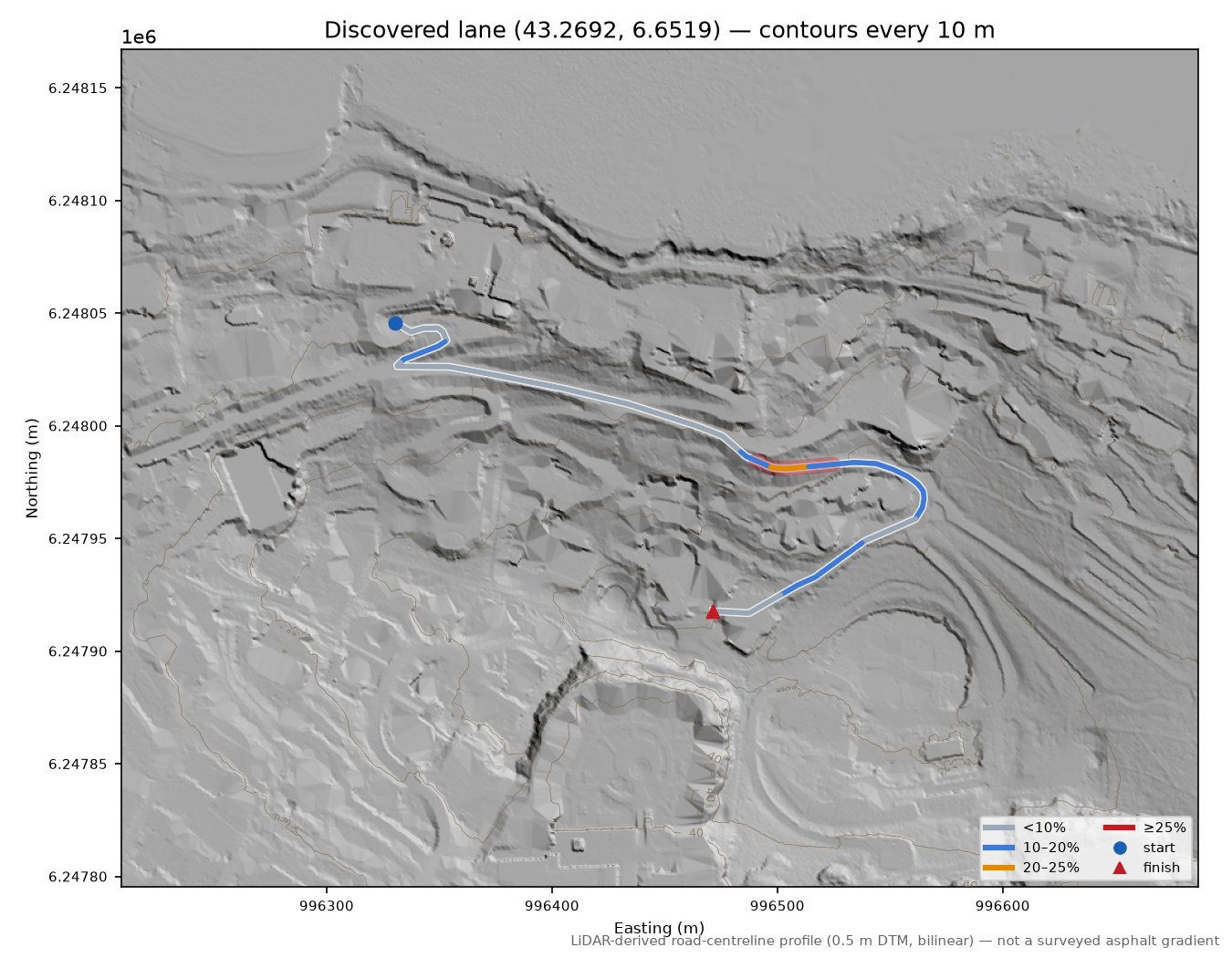 Discovered lane (43.2692, 6.6519) LiDAR hillshade map with contours